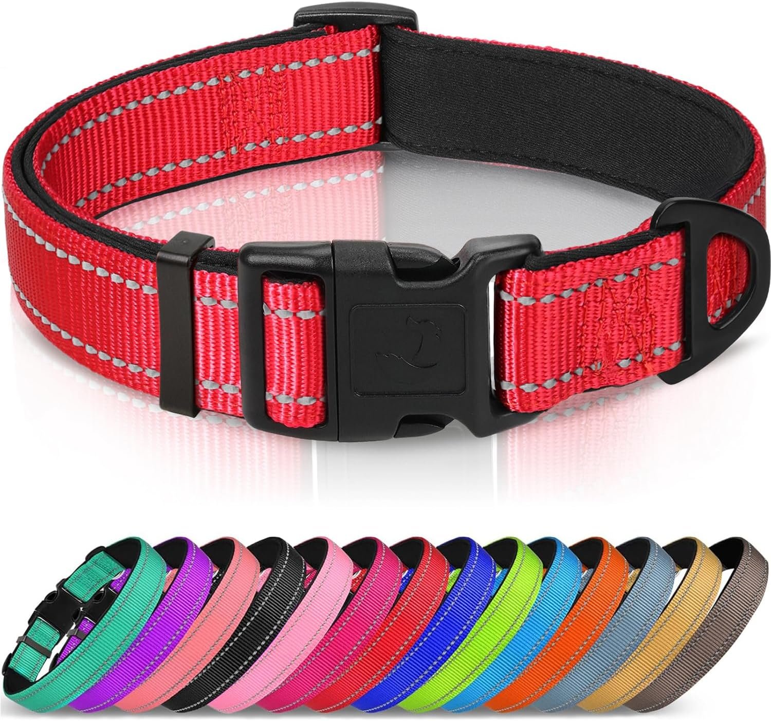 Joytale Reflective Dog Collar, Adjustable Neoprene Padded, Red L | Breathable Nylon for Large Dogs, No Chafing on Walks and Outdoor Hikes, Tear-Resistant Webbing, Metal D-Ring, Night Safety