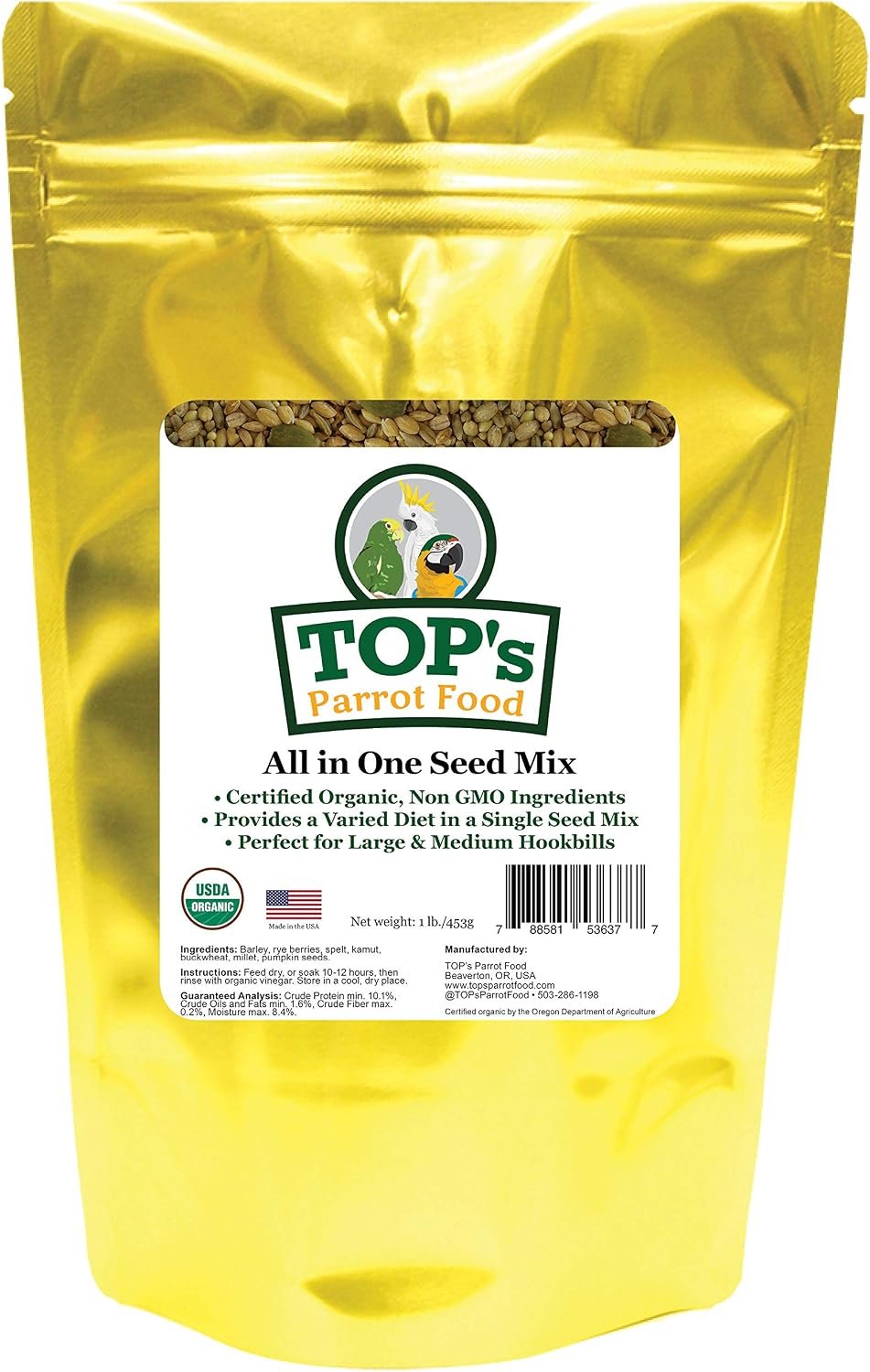 TOP’s All in One Seed Mix for Large Birds, Non-GMO, Peanut Soy & Corn Free, USDA Organic Certified, 1lb