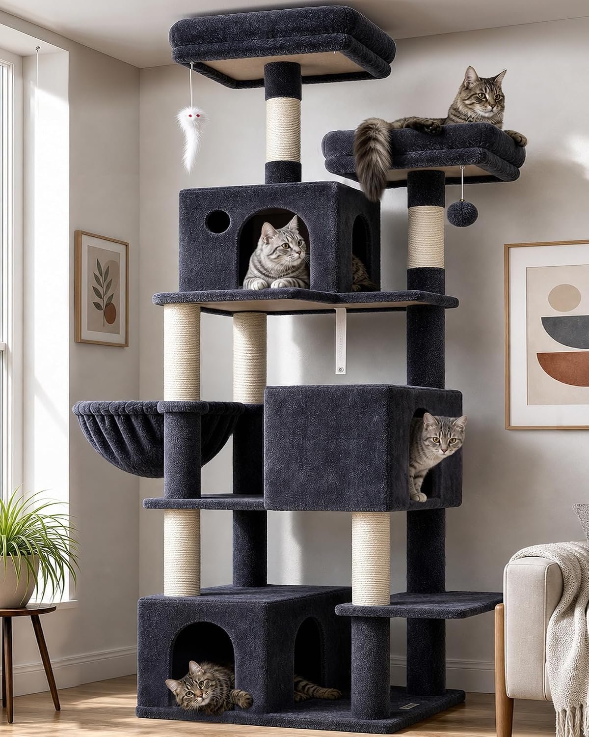 Globlazer Cat Tree Tall, 71 inches Cat Tower for Indoor Adult Cats Multi-Level 3 Condos for Indoor Cats XL Cat Tree Tower with Scratching Posts, Soft Extra Large Hanging Basket, F71, Dark Gray