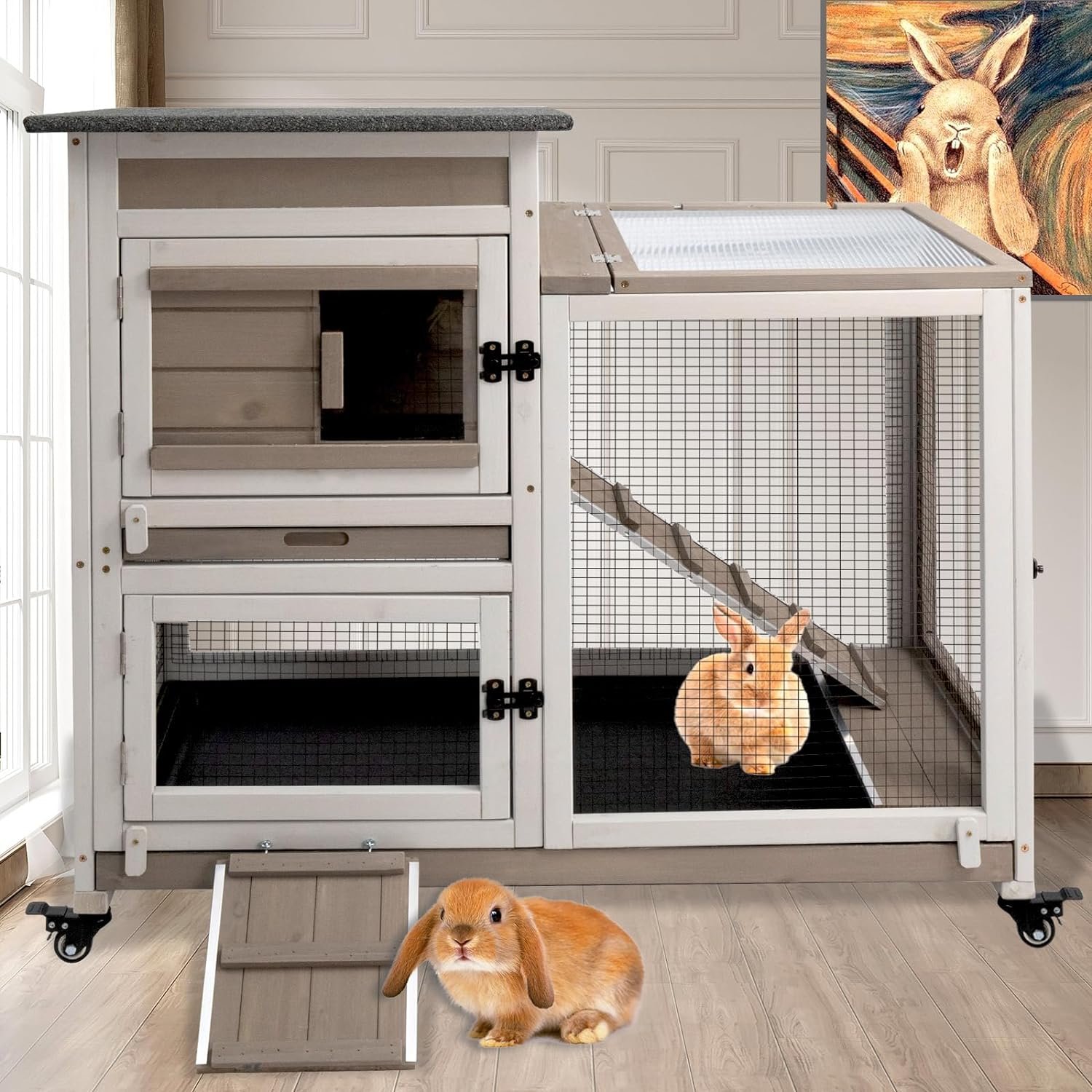 PetsCosset Rabbit Hutch Indoor 40″ L Large 2 Story Outdoor Wooden Bunny Hutch with Run, 4 Metal Wheels & 2 Deeper Trays, UV-Proof Panel Rabbit Cage Guinea Pig Pet House for Small-Medium Animals