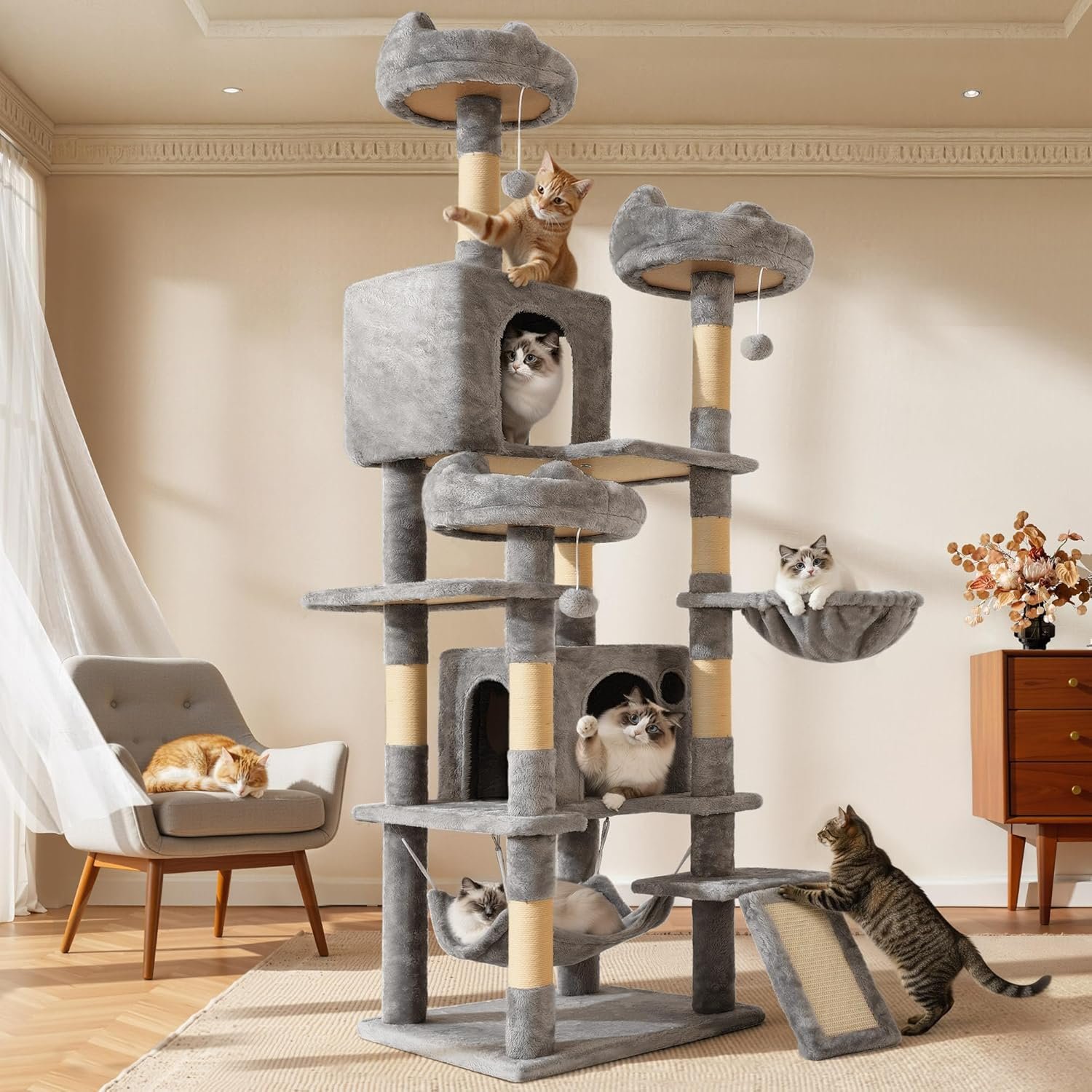 YITAHOME 75-Inch Tall Multi-Level Cat Tree Indoor | Cat Tree Tower with Condos, Top Perches, Sisal Ramp, Scratching Posts & Cozy Basket Hammocks