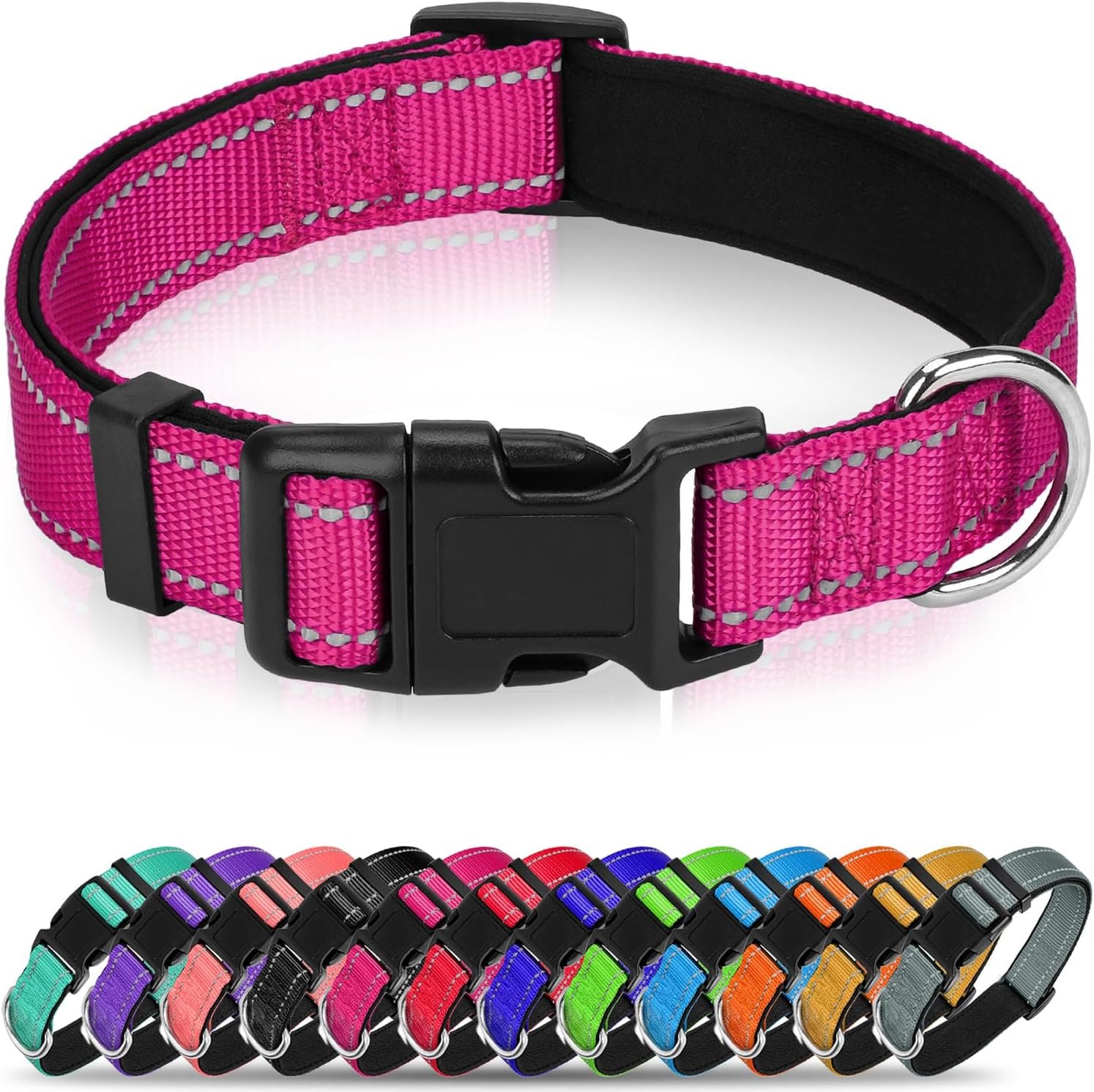 Reflective Dog Collar for Large Dogs with Quick Release Buckle | Comfortable Padded Lining, Stay Safe at Night, Easy On/Off, Metal D-Ring, Adjustable Fit, for Walking, Hot Pink