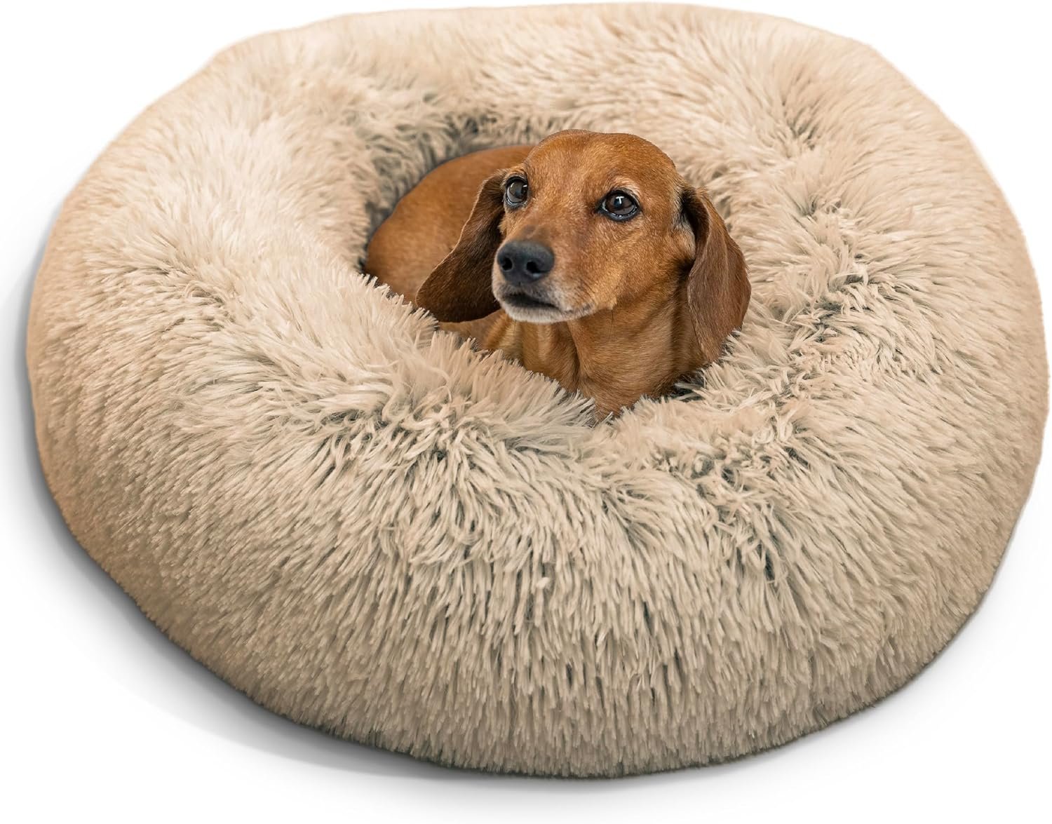 Best Friends by Sheri The Original Calming Donut Dog Bed for Small Dogs up to 25 lbs, Shag Faux Fur, Taupe, 23″ x 23″