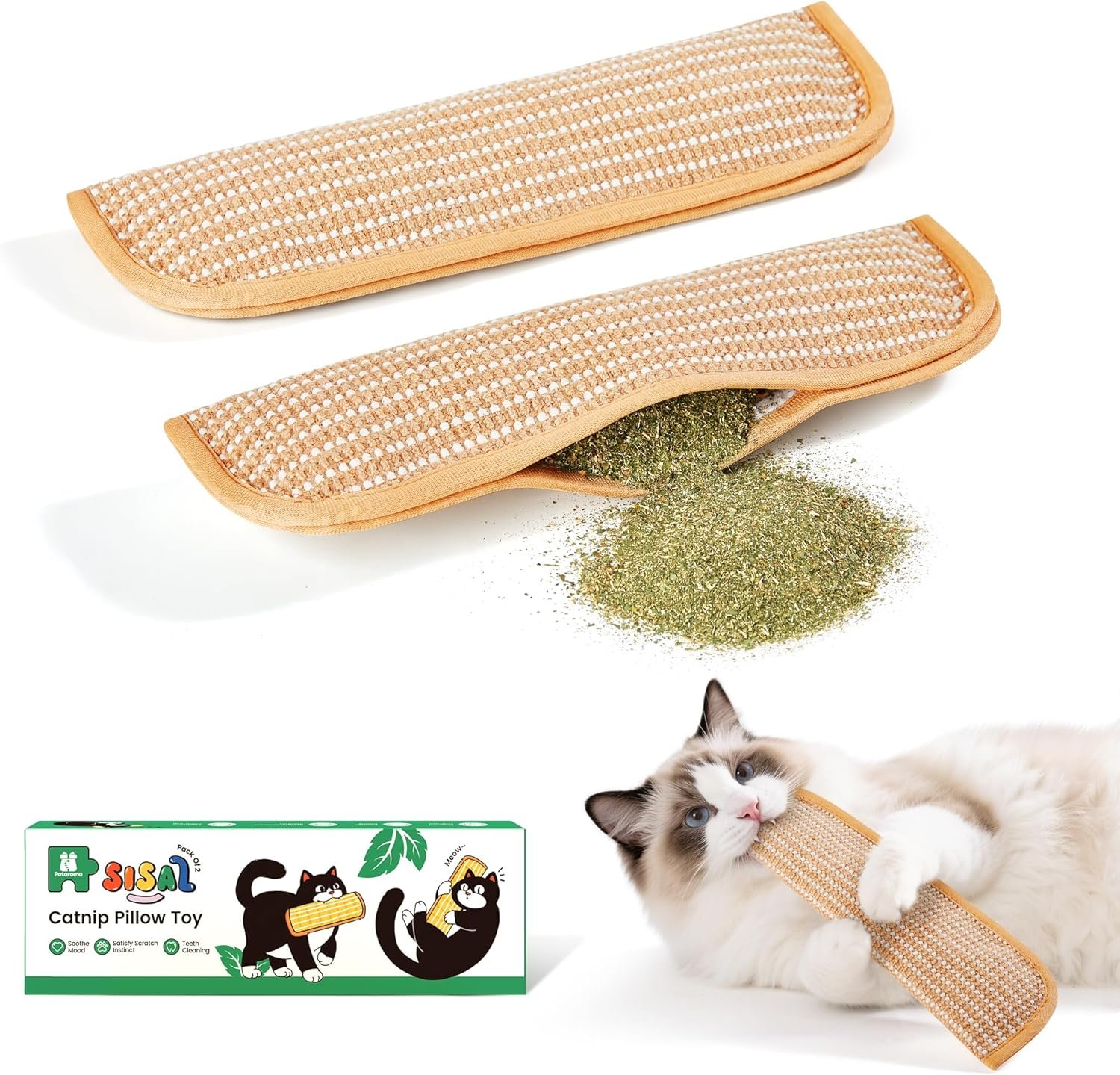 Potaroma Cat Toys Pack of 2 with 6000mg A+ Organic Catnip, Sisal Material | Indoor Kitten Scratching and Kicker Toys, Drives Bored Cats Crazy with Fun Interactive Chew