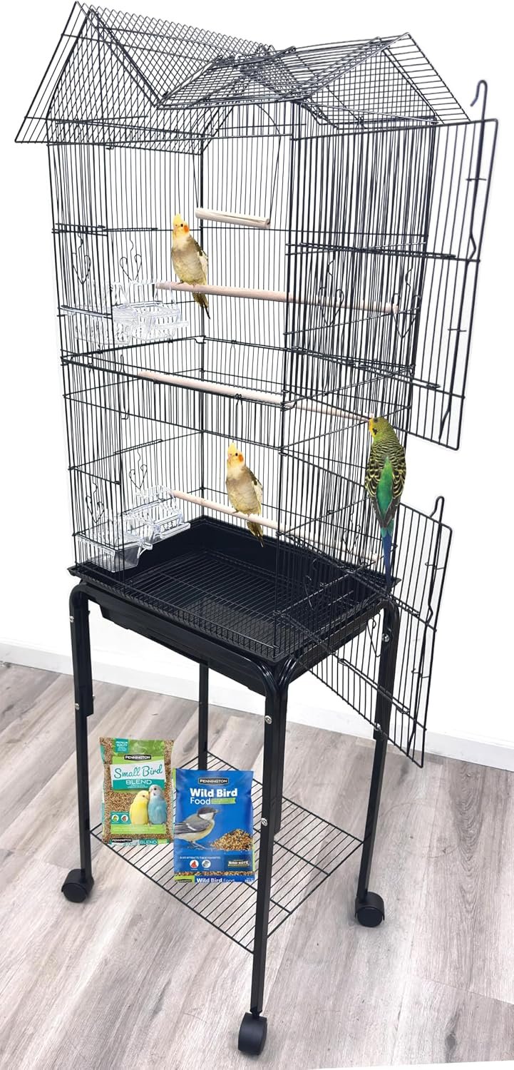 63″ Roof Top Bird Flight Parrot Pet House Home Cage with Removable Rolling Stand for Cockatiel Sun Conure Parakeet Finch Budgie Lovebird Canary