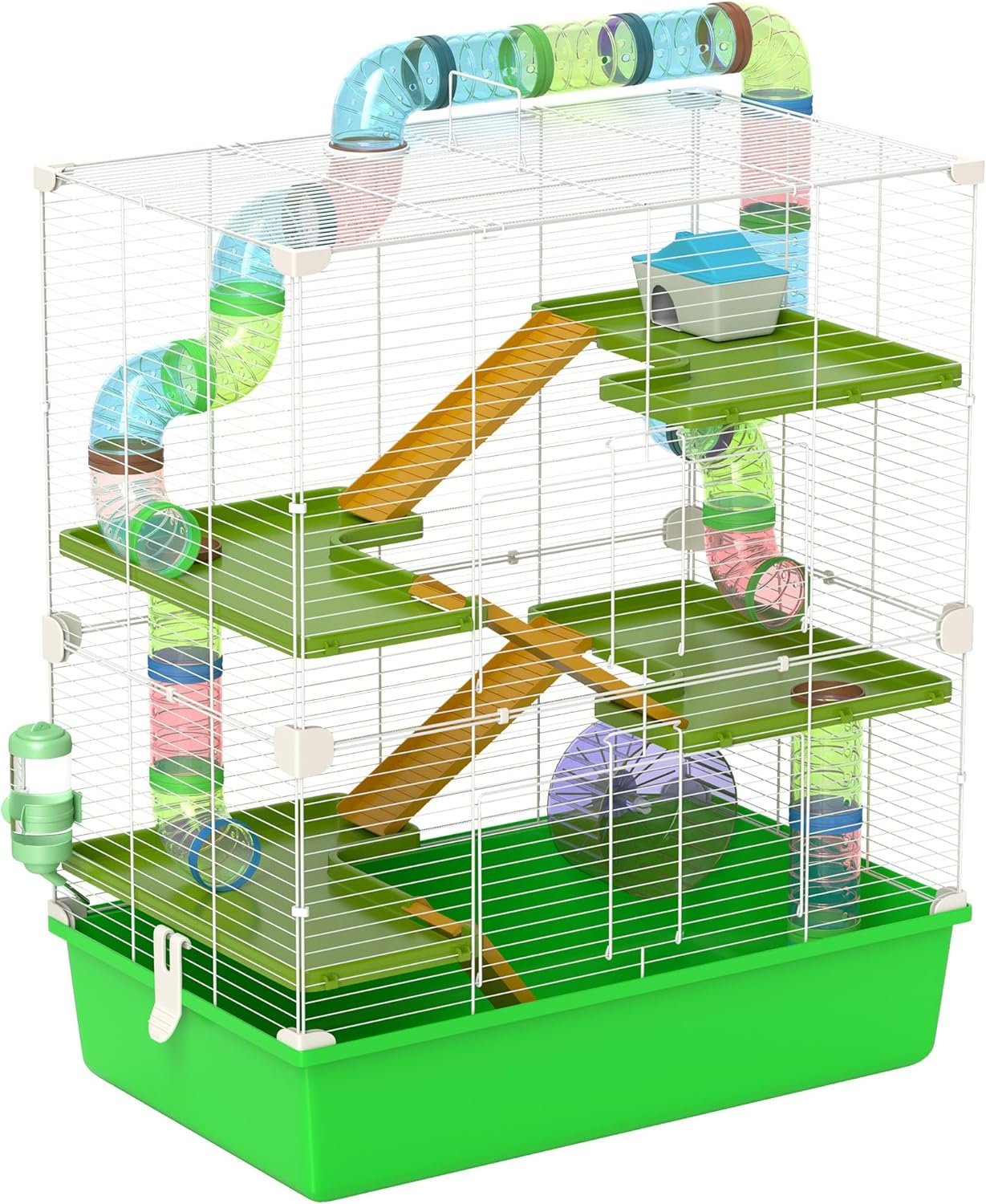 PawHut Extra Large 23″ Hamster Cage with Tubes and Tunnels, Portable Carry Handles, Rat House and Habitats Big 5-Tier Design, Mouse Cage Includes Exercise Wheel, Water Bottle, Food Dish, Green | Portable Carry Handles, Rat House and Habitats, Big 5-Tier Design, Mouse Cage, Exercise Wheel, Water Bottle, Food Dish