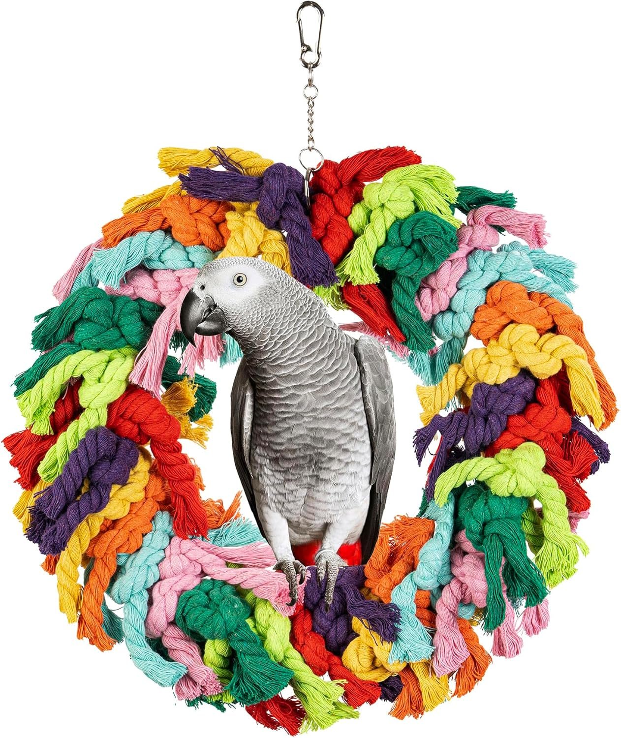 Parrot Swing for Large Birds | Colorful cotton rope hanging ring. Fits African Grey, Cockatoo, Conure, Parakeet. Encourages chewing, exercise, snuggling.
