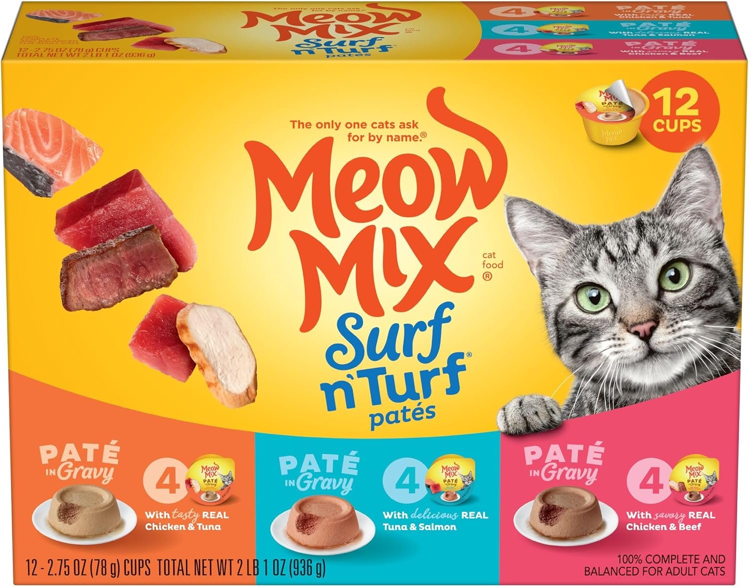 Meow Mix Paté in Gravy Surf n’ Turf Patés Variety Pack, Wet Cat Food, 2.75 oz Cup, 12 Pack