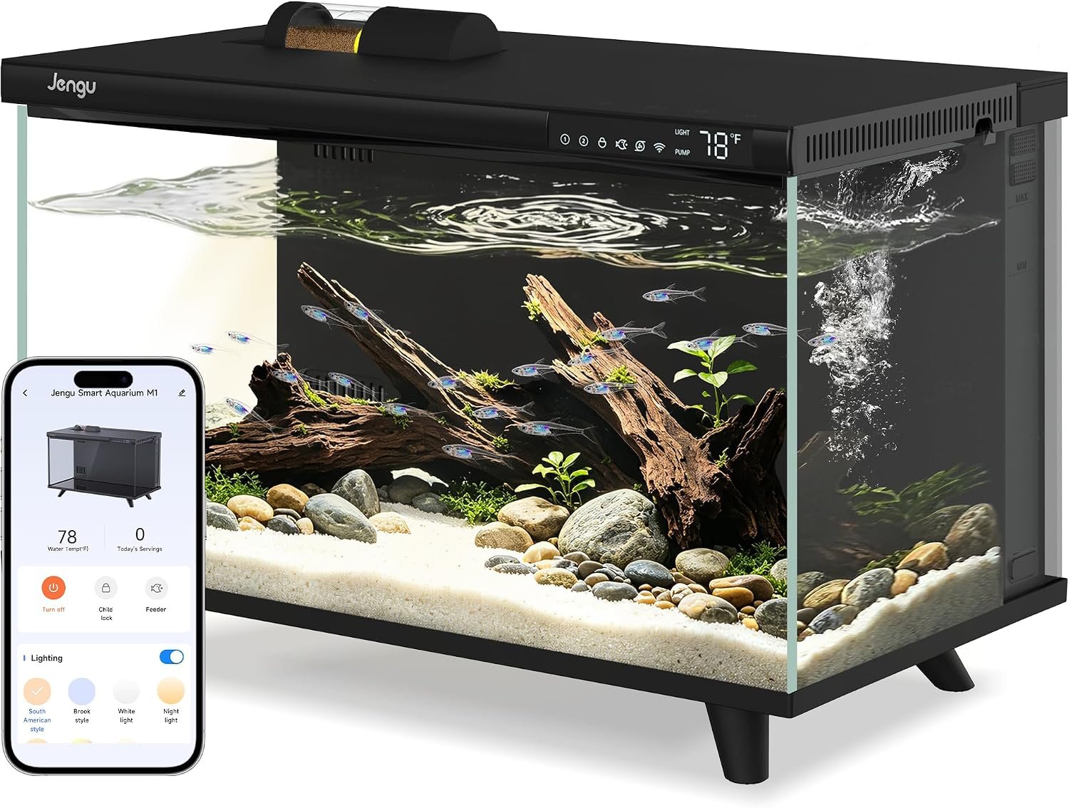M1 5 Gal Smart Aquarium Starter Kit – App-Controlled Betta Fish Tank with Auto Feeder, Adjustable Pump, Temp Display, Leak-Proof Glass, Timer LED Light, Desktop Tank for Home or Office, Black