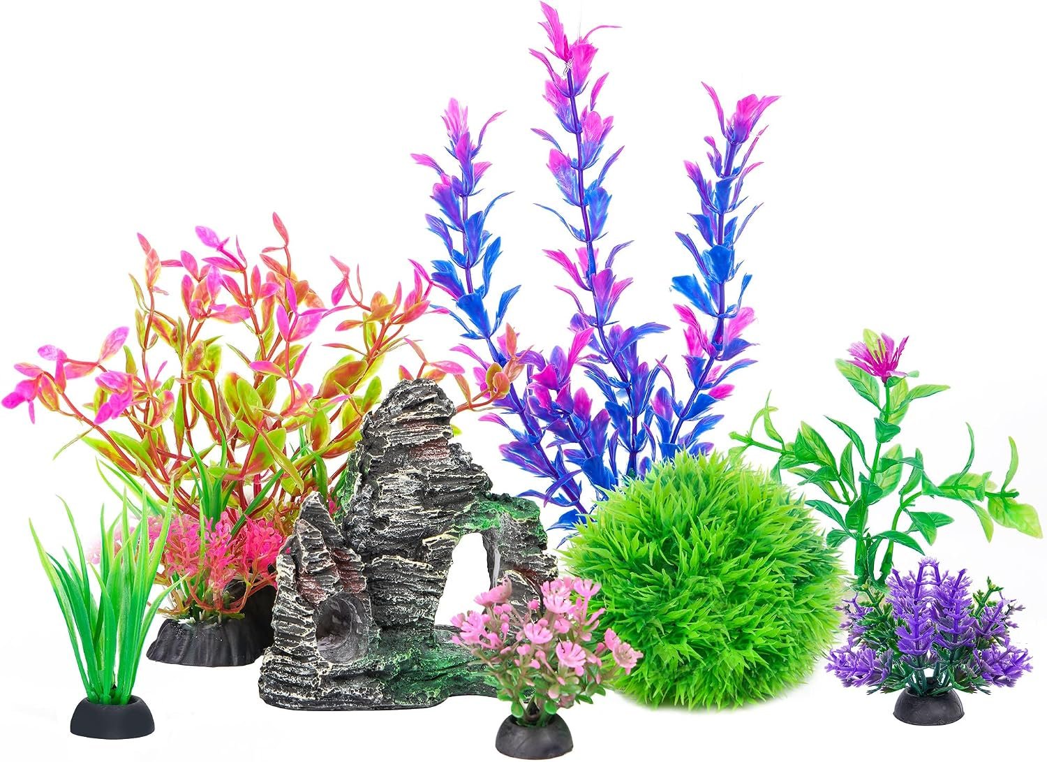 Ameliade Aquarium Artificial Plants & Rock Cave Betta Fish Tank Decor Set | Betta Goldfish Aquarium Accessories, Soft Plastic Plants & Rock Cave Decorations, Small and Large Fish Bowl Ornaments