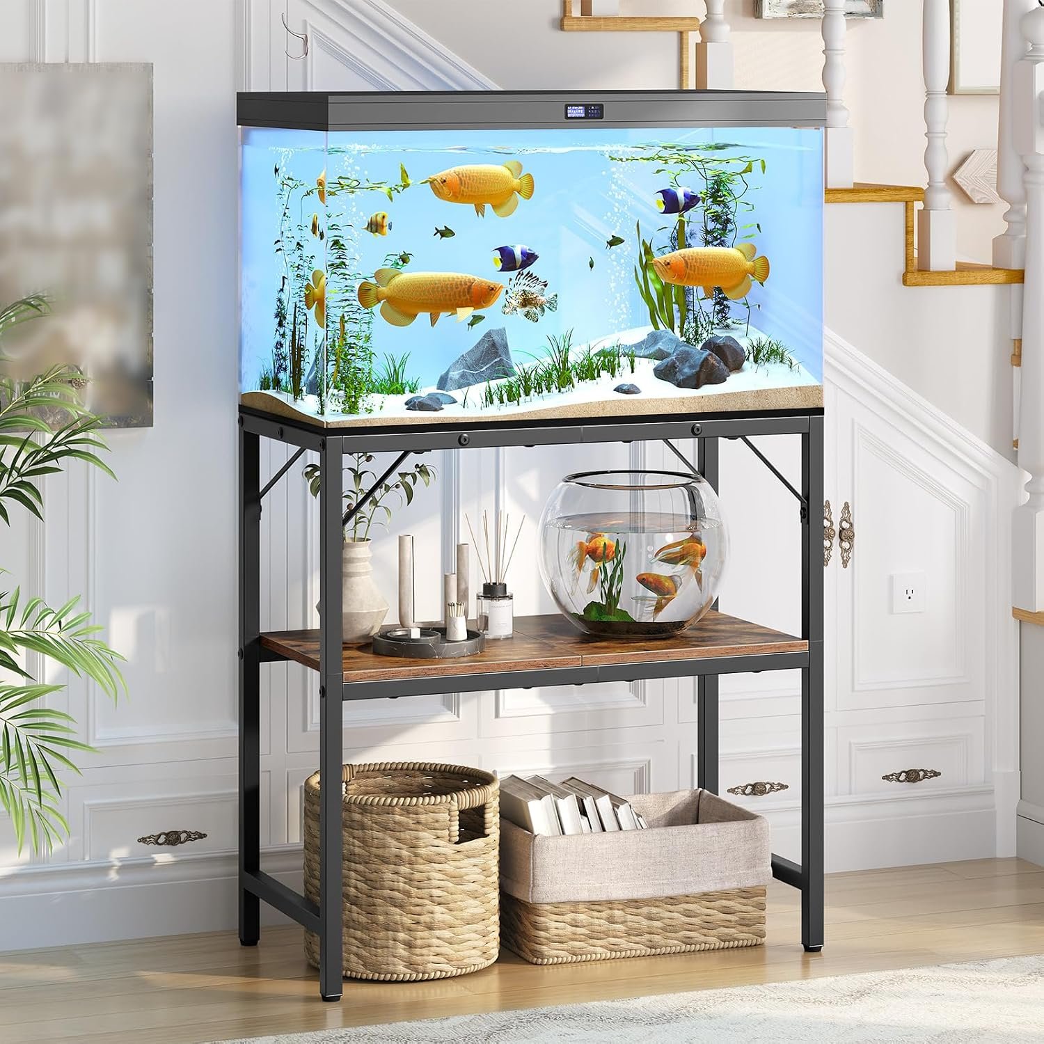 MAHANCRIS 20 Gallon Fish Tank Stand, Aquarium Stand with 2-Tier Storage Shelves, Heavy Duty Breeder Turtle Terrarium Stand Rack for Home Office, 24.0″ L x 11.8″ W x 24.4″ H, Rustic Brown FTHR2001