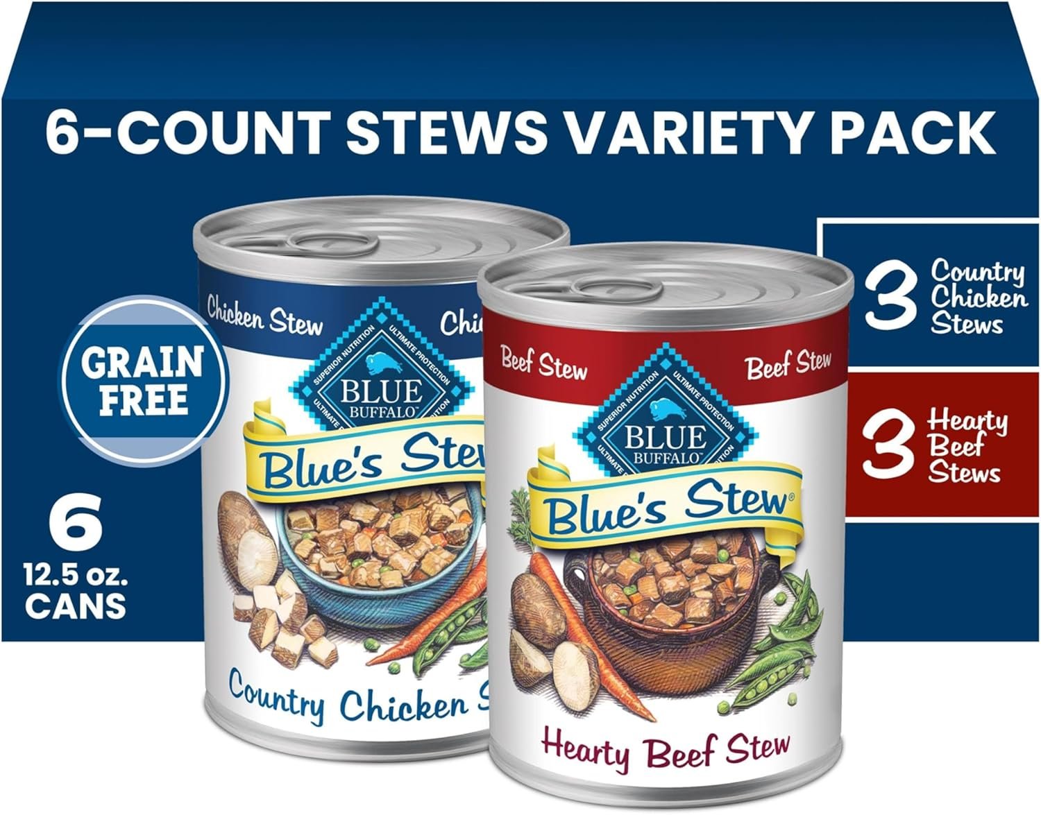 Blue Buffalo Blue’s Stew Variety Pack Wet Dog Food, 12.5 oz, 6 ct | Grain-Free, Hearty Beef & Country Chicken Recipes, Diced Carrots, Potatoes & Peas, No Corn, Wheat, or Soy