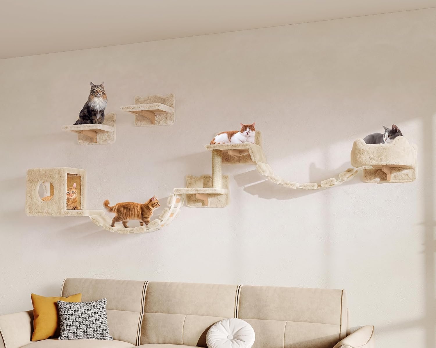9-in-1 Cat Wall Shelves, Cat Wall Furniture Set with Bridge, Beige | Wall Mounted Cats Shelf for Space-Saving, Multi-Level Cat Climbing Systems for 16 Inch Drywall, with Scratching Posts, Condos