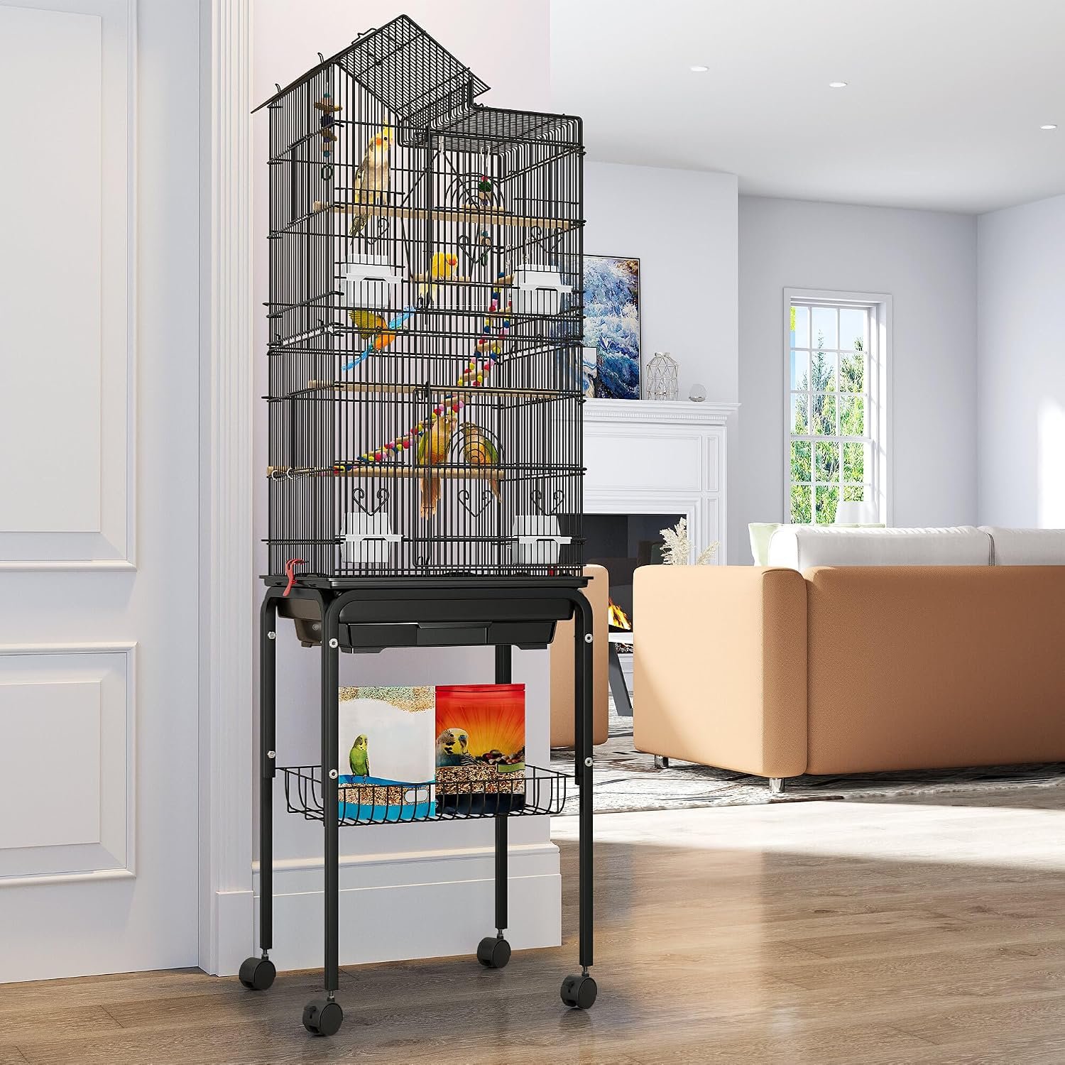 YITAHOME 62 inch Metal Bird Cage, Large Parakeet Cages | Bird Cage for Parrot, Cockatiel, Lovebird, Pigeon with Roof Top, Rolling Stand and Hanging Accessories