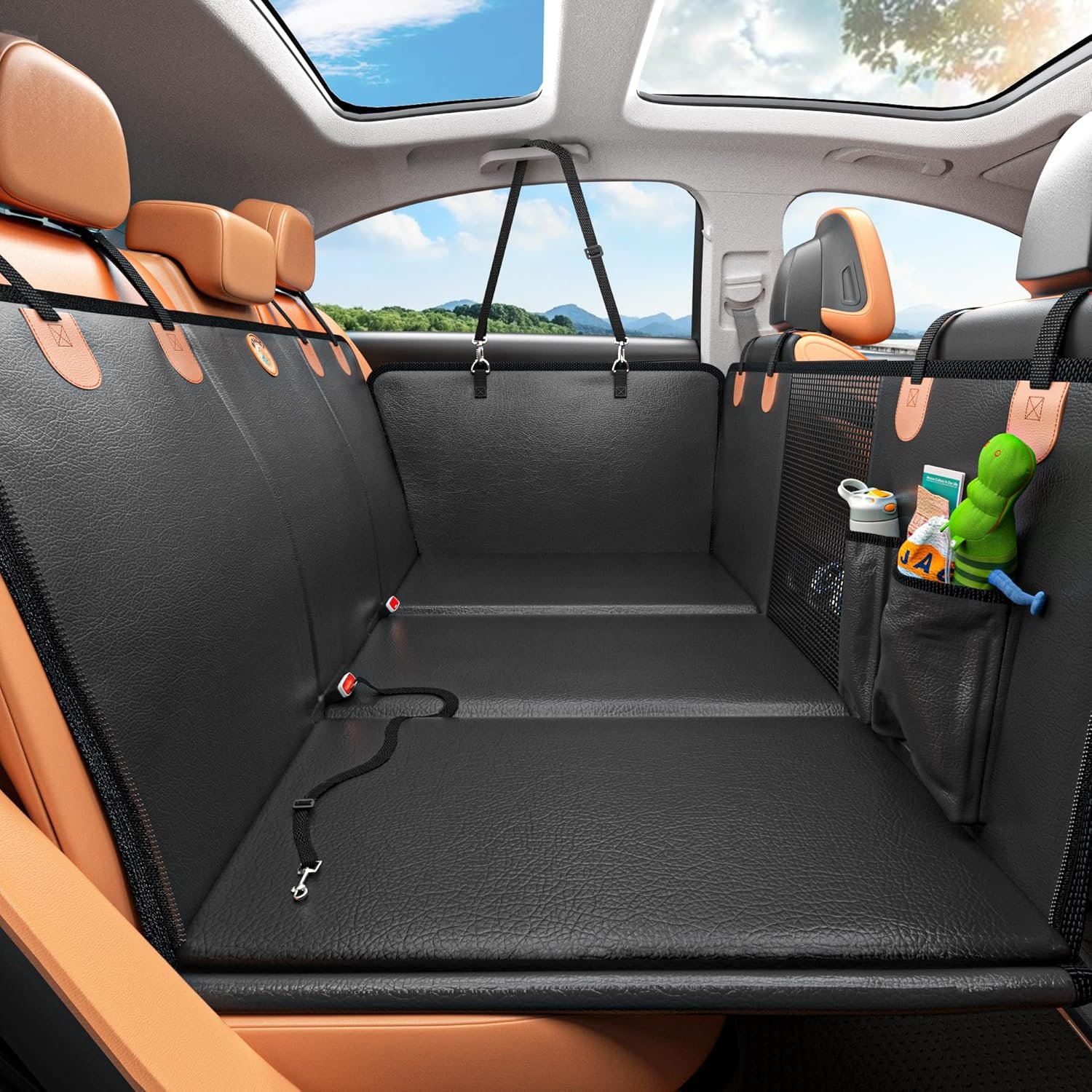 Hard Bottom Dog Car Seat Cover for Back Seat, PU Leather Dog Seat Extender | 100% Waterproof, Anti Scratch, Safer, Easy to Use and Clean, Holds 400lbs, Dog Hammock for Cars, SUVs, Trucks