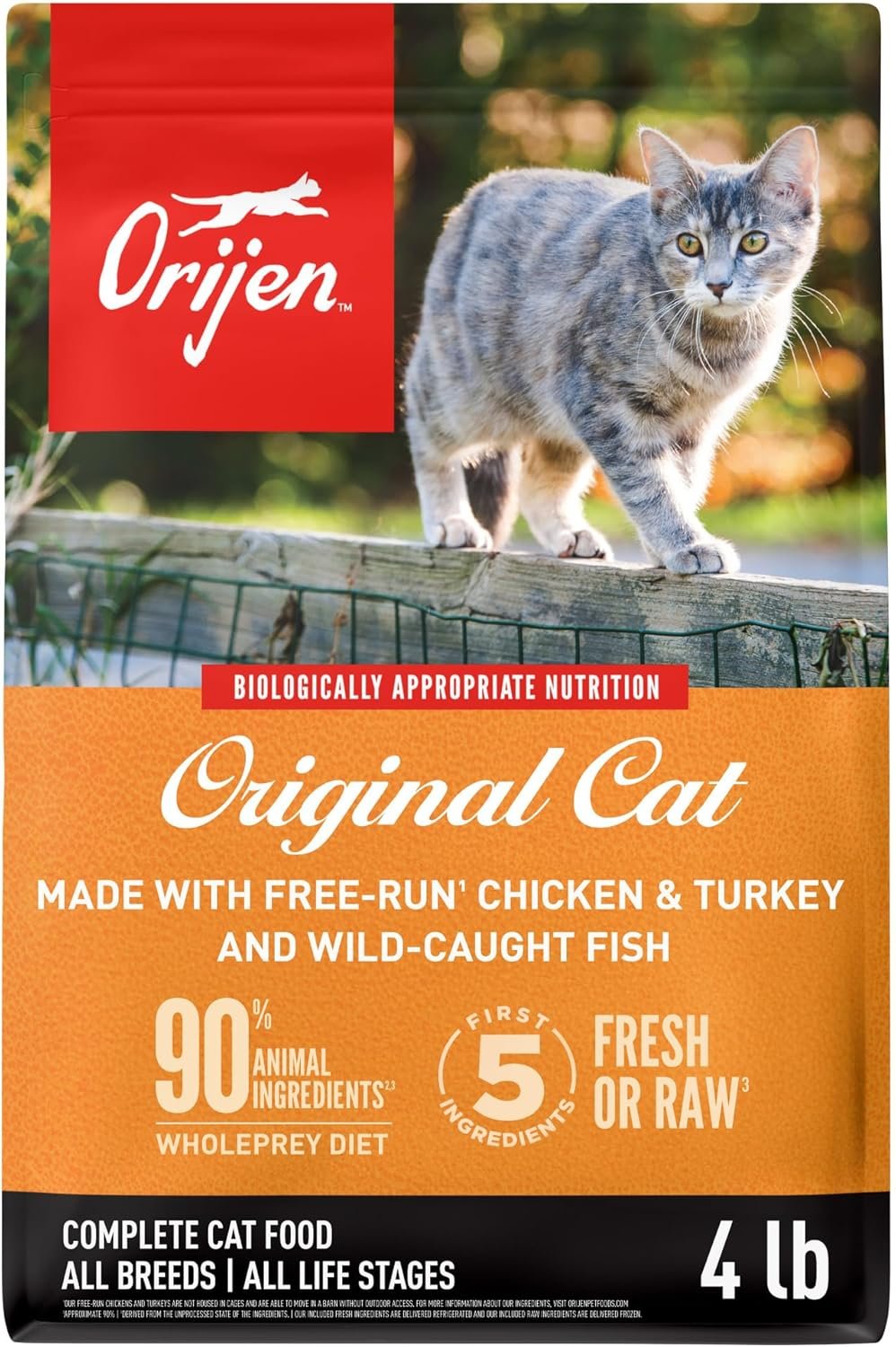ORIJEN Grain Free WHOLEPREY Dry Cat Food Original Recipe 4lb. Bag | 90% Animal Ingredients, Freeze Dried, Fresh or Raw Ingredients, High Protein, Heart Health, Free-Run Poultry