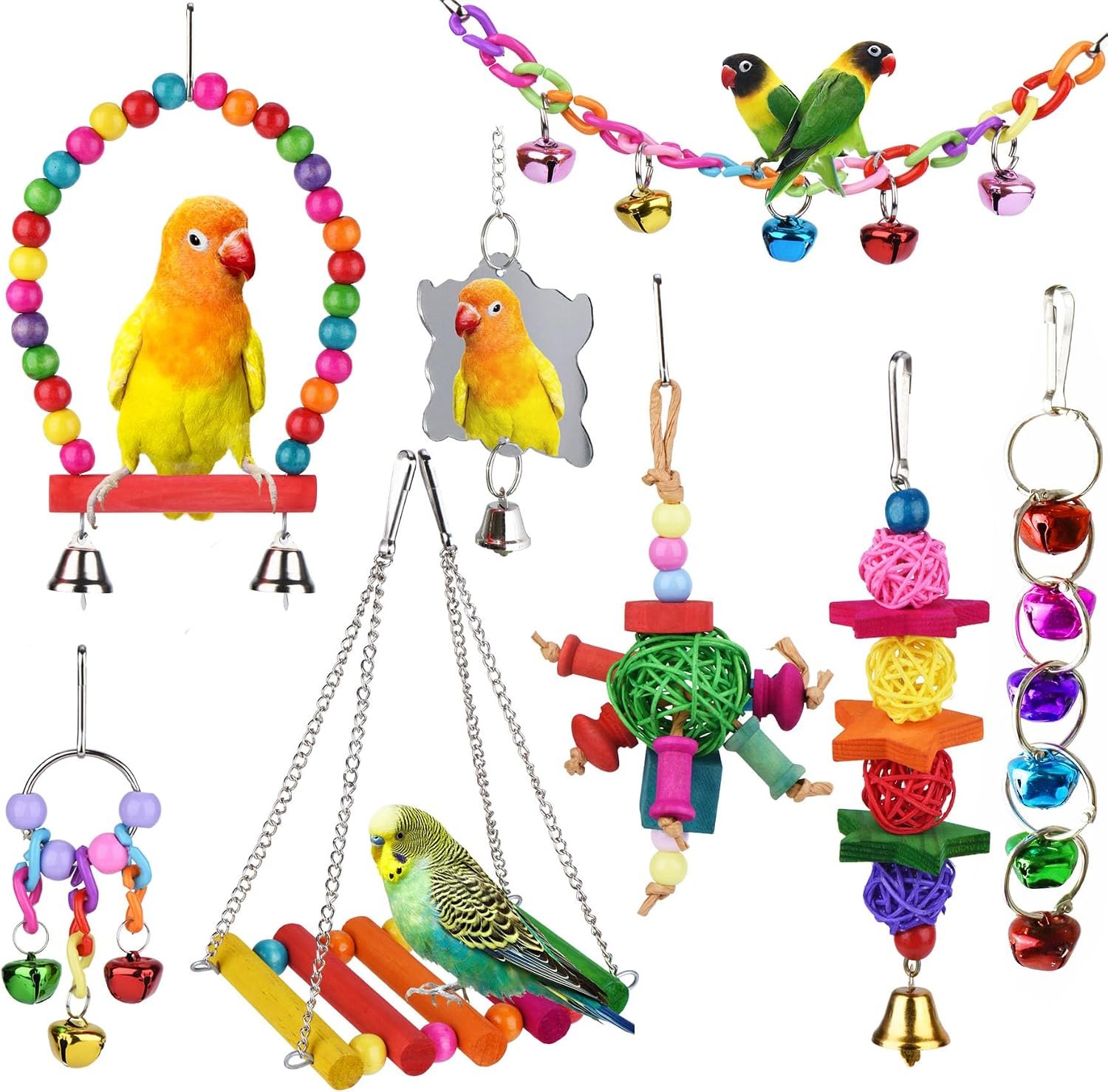 8 Pcs Parakeet Cockatiel Bird Toys, Parrots Conures Budgies Cage Accessories