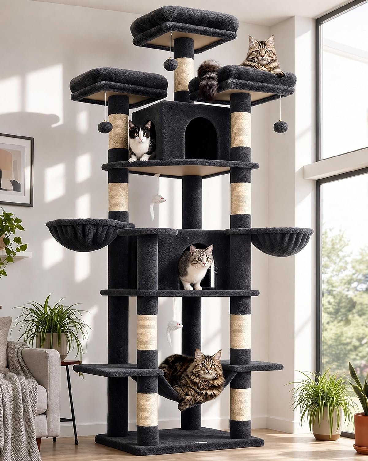 Globlazer Big Cat Tower for Indoor Cats, 80inch Cat Tower for Multiple Adult Cats XXL Cat Tree with Scratching Post, Hammock, 3 Perches, 2 Condos, 2 Hanging Basket, F80, Dark Grey
