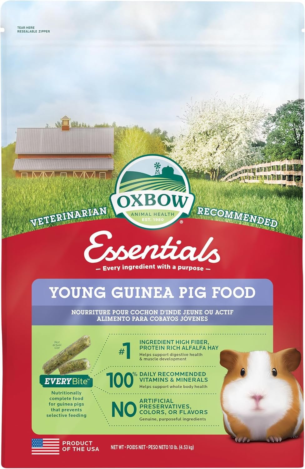 Oxbow Essentials Young Guinea Pig Food, Uniform Guinea Pig Pellets, 10 lb | Guinea Pig Pellets, Vitamin C For Guinea Pigs, Stabilized, High Fiber, Made in USA, Uniform Food, Prevents Selective Feeding