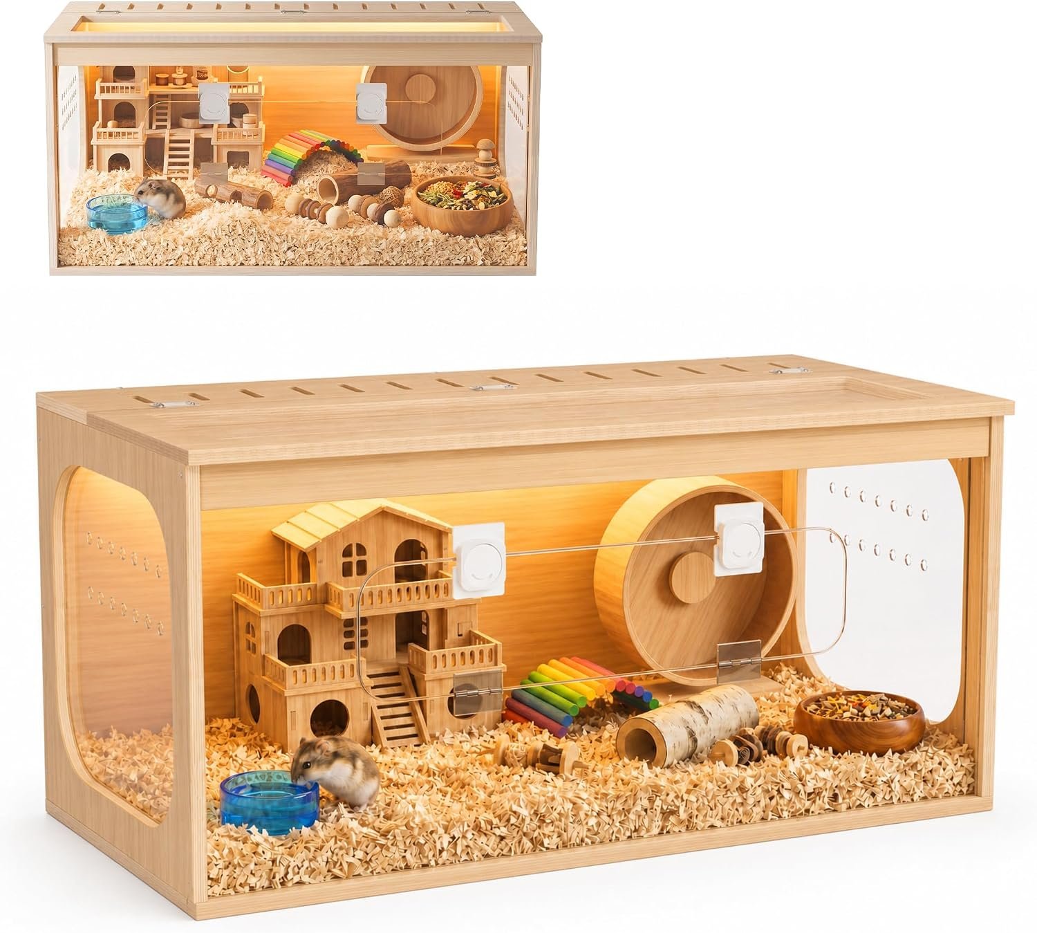 32″ Large Wooden Hamster Cage with Lockable Front Access Door & Openable Top, Thick Acrylic Panels, Ventilated Hamster Habitat for Syrian Hamsters, Dwarf Hamsters, Gerbils, Guinea Pigs