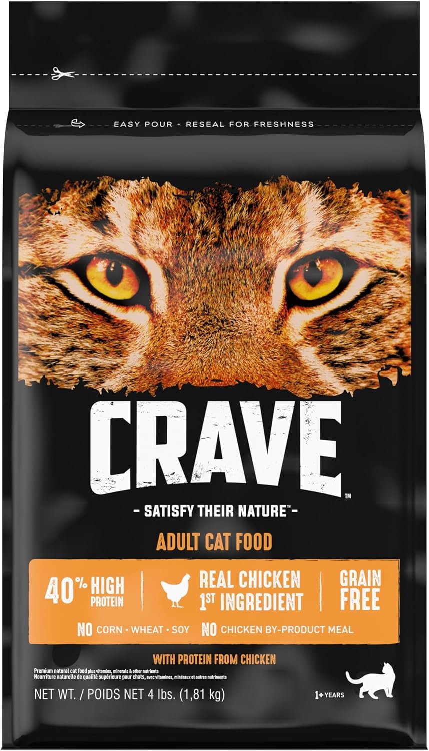 CRAVE Grain Free High Protein Natural Adult Dry Cat Food, Chicken, 4 lb | Real chicken #1 ingredient, 40% protein, no chicken by-product meal, no corn, wheat or soy, complete & balanced