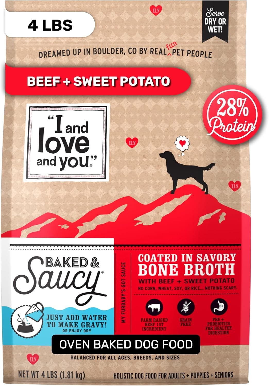 I and Love and You Baked and Saucy Dry Dog Food – Beef + Sweet Potato – Prebiotic + Probiotic, Real Meat, Grain Free, No Fillers, 4lb Bag