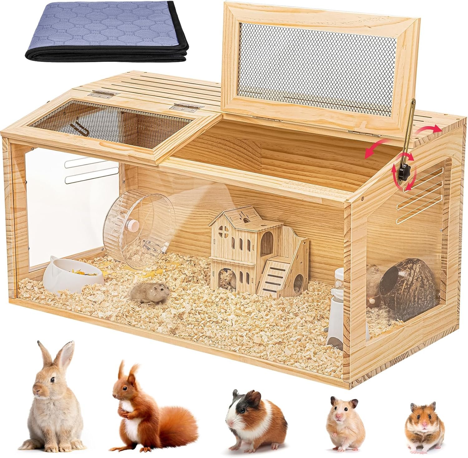 Hamster Cage 40″ Wooden Chewproof, 270° Panoramic View Large Habitat with Bite-Proof Mesh, Top Dual Access Doors & Acrylic Panels, for Syrian/Dwarf Hamsters, Guinea Pigs, Chinchillas & Gerbils