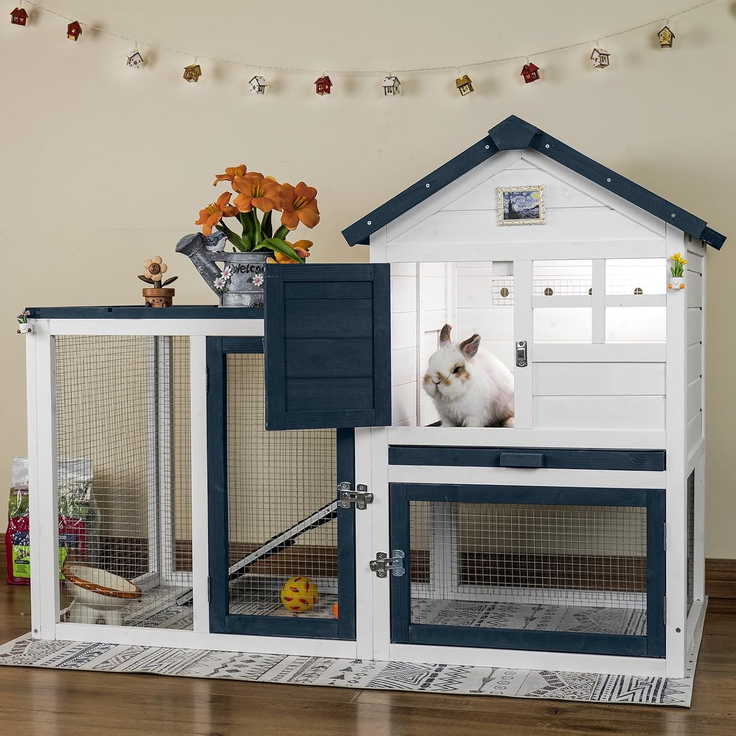 FunXplore Bunny Hutch Indoor Outdoor Rabbit Cage with Weatherproof Roof | Chicken Coop Animal House, Wire Floor, Pull-Out Tray, Chew-Resistant Ramp & Entrance, Openable Waterproof & UV-Resistant Roof