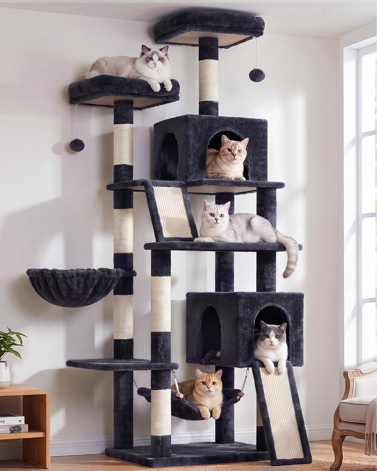 Gitelsnour Cat Tree, 71” Tower for Large Cat with Scratching Post, GCT032G | 2 Cat Condo House for Indoor Cats Large Adult, 2 Scratching Boards, 7 Posts, 2 Plush Perches, Hammock, Basket, Smoky Gray