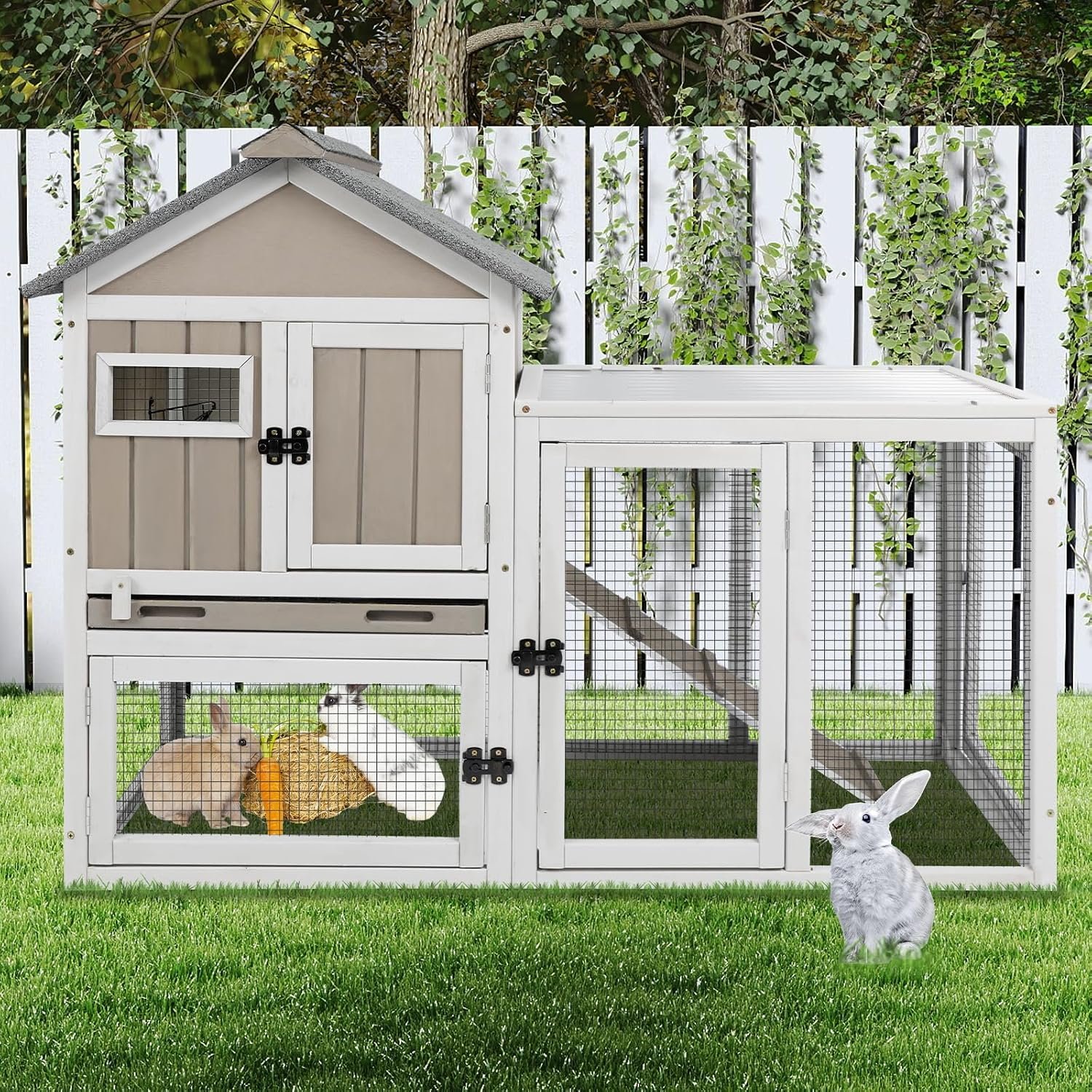 Ketive 48″ L Rabbit Hutch Outdoor Indoor Bunny Hutch Weatherproof, 2-Story Wood Rabbit Cage with Deep Tray, Chew-Resistant Ramp, UV Roof, Bunny House for Small Animal, Expandable Guinea Pig Cage