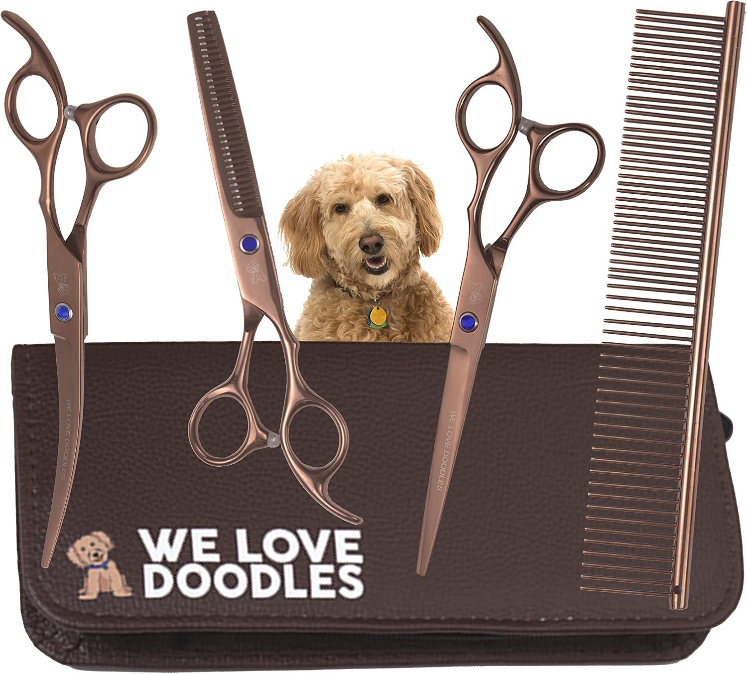 We Love Doodles Dog Grooming Scissors Kit, 4 Pc Set | Best Tools for Goldendoodles & Poodles, Straight, Curved & Thinning Shears, Professional Grade, Stainless Steel