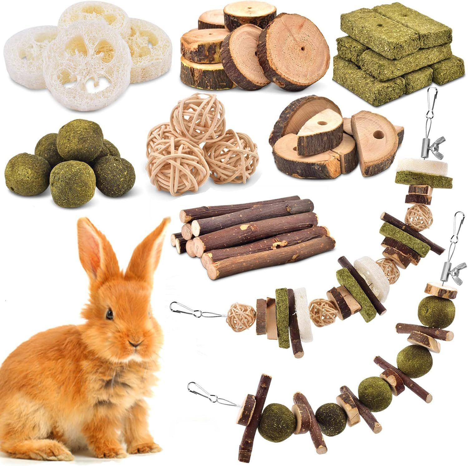 KATUMO Rabbit Chew Toys, Bunny Toys Apple Wood Grass Timothy Treat | DIY Hamster Chew Kit Bunny Teeth Care Molar Toys, Ideal for Rabbit, Guinea Pig, Chinchilla, Hamster, Squirrel, Gerbils