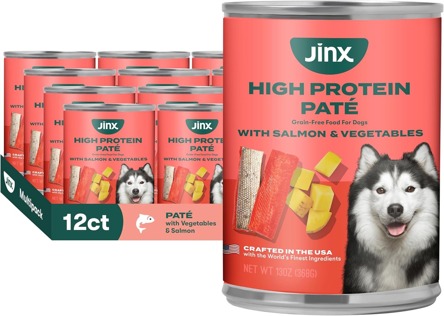 Jinx Salmon Grain Free High Protein Wet Dog Food Cans, 12 Pack, 13oz | Premium Pate Meal Topper or Mixer – Made with Real Ingredients, No Fillers – Canned Dog Food For Puppies, Adult & Senior Dogs