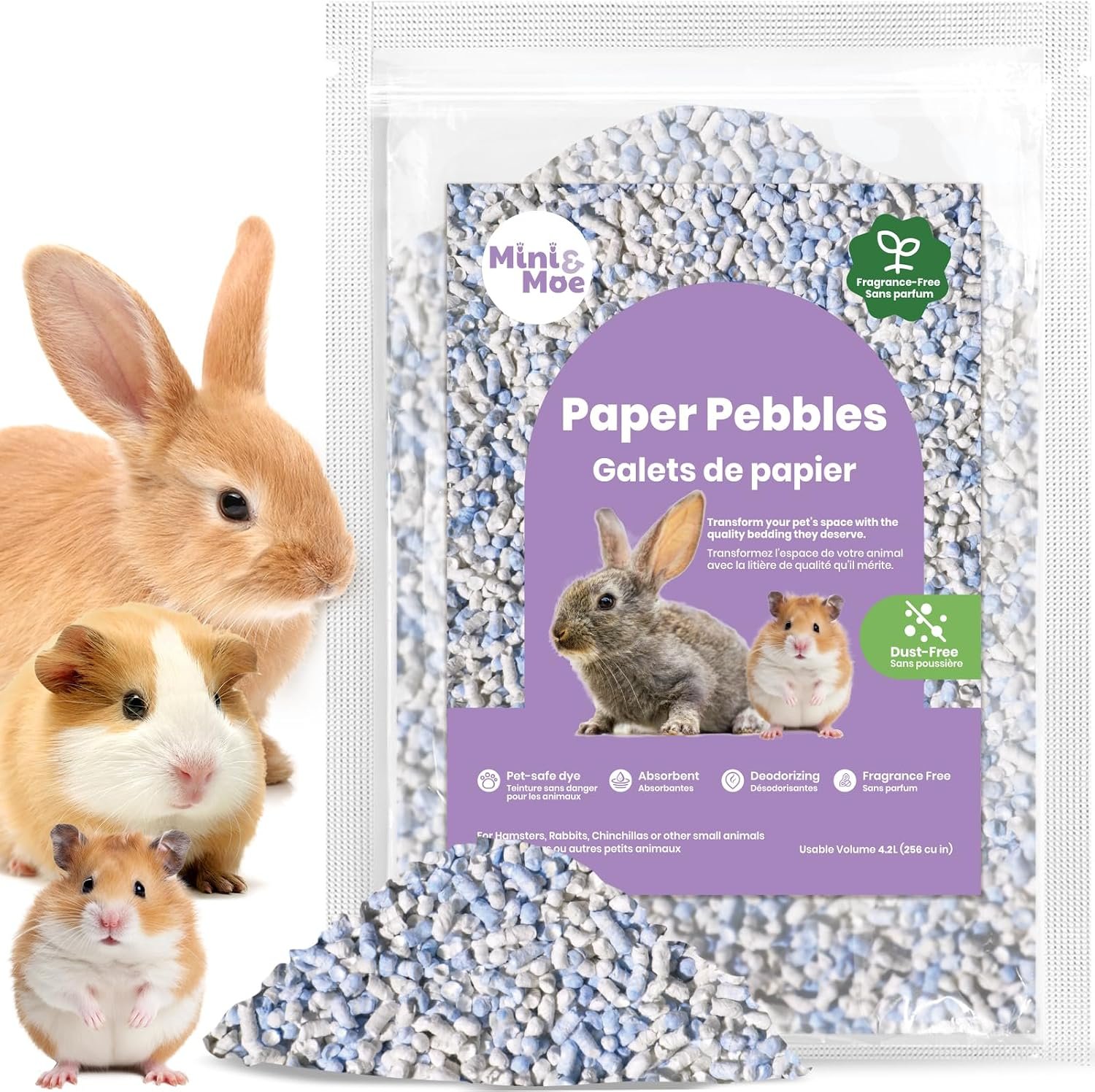 mini&moe Rabbit Bedding Guinea Pig Bedding Paper Pellet Bedding: Odor Control & Moisture Absorbent Natural Paper Pellet Bedding – for Small Animal Guinea Pigs, Rabbits,Hamsters Bedding 3.96lb