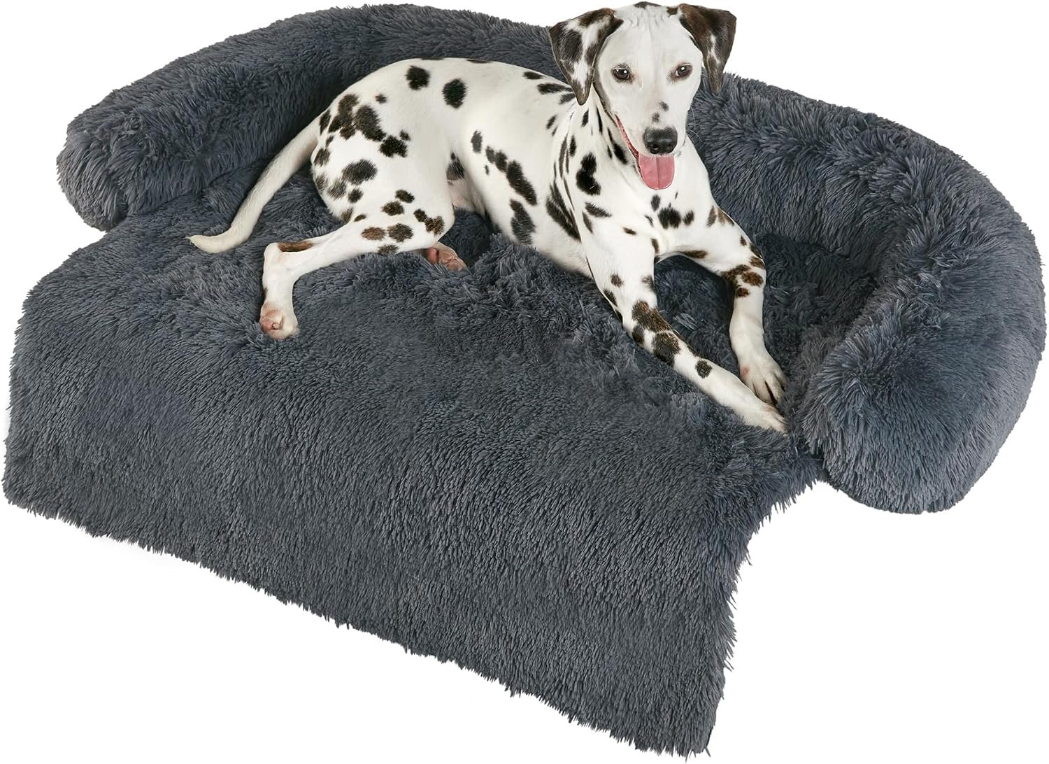 Codi Dog Couch Bed, Sofa Cover Mat, Dark Grey, 41.0″ L x 37.0″ W x 6.0″ Th | Calming comfort for large dogs, plush faux fur, raised protective bolster, non-slip bottom, washable cover, Dark Grey