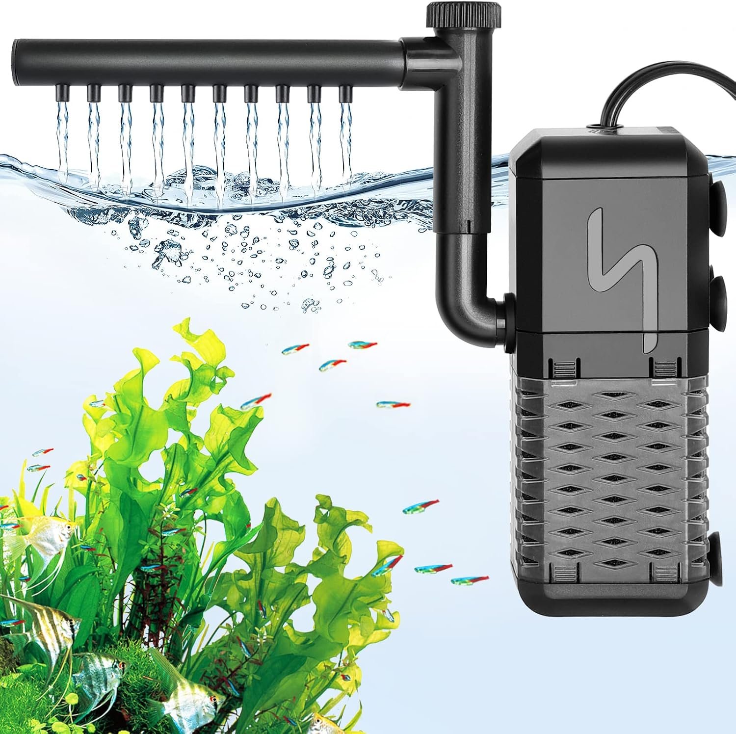 AQQA Aquarium Filter, Submersible Power Fish Tank Filter with Rainwater Aerator System Adjustable Water Flow Design, Ultra Silent Biochemical Sponge Filtration Up to Fish Tank 50 Gallon (6W-158GPH)