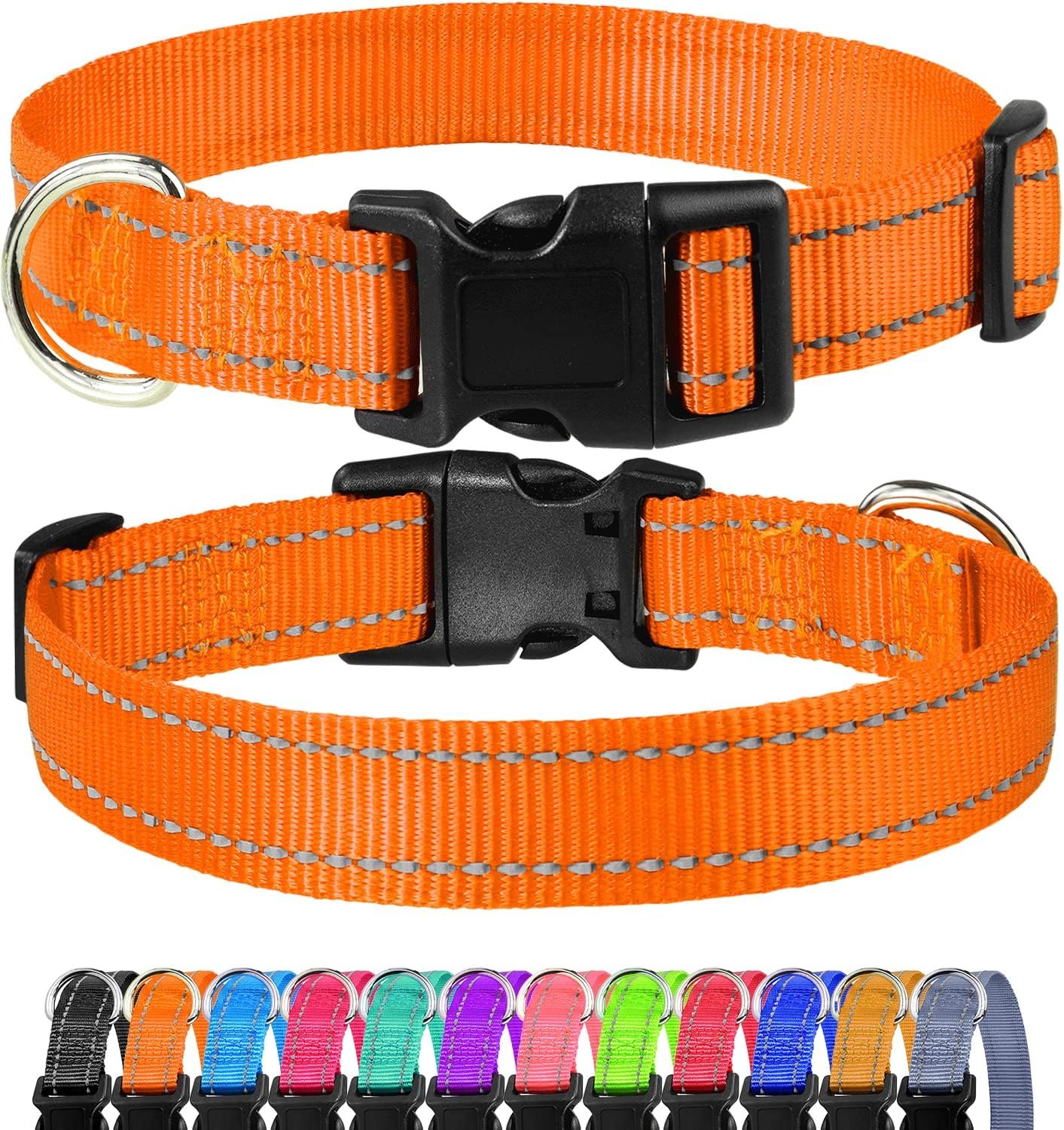 FunTags Reflective Nylon Dog Collar for Large Dogs | Stay Safe at Night, Reliable Metal D-Ring, Easy On/Off Buckle, Lightweight Fit, for Backyard Playdates, Orange