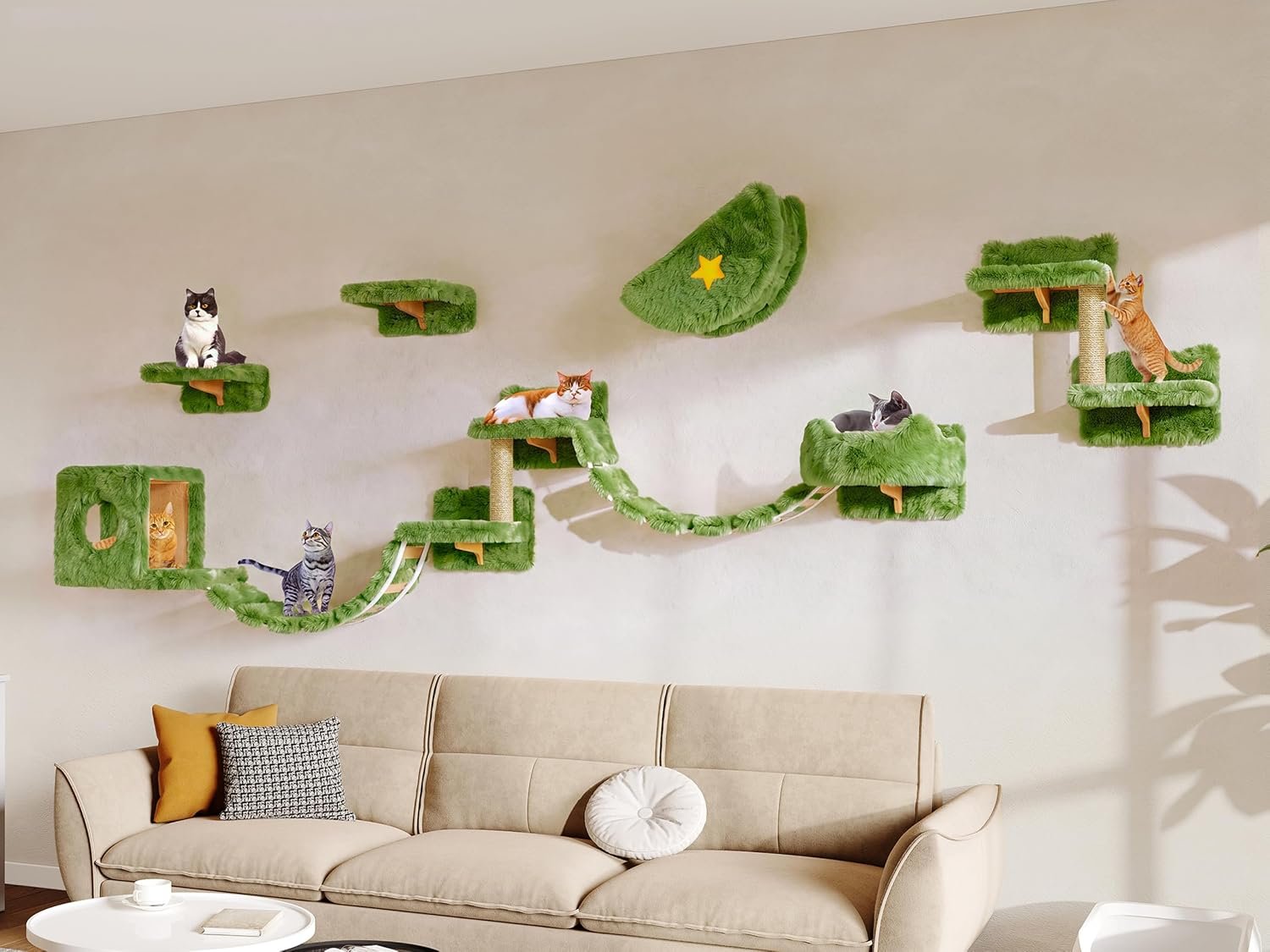 13-in-1 Cat Wall Shelves, Moon & Bridge Cat Wall Furniture, Green | Wall Mounted Cats Shelf Set with Plush Fabric, Cat Climbing Systems for 16 Inch Drywall, Condo, Scratching Post, Space-Saving