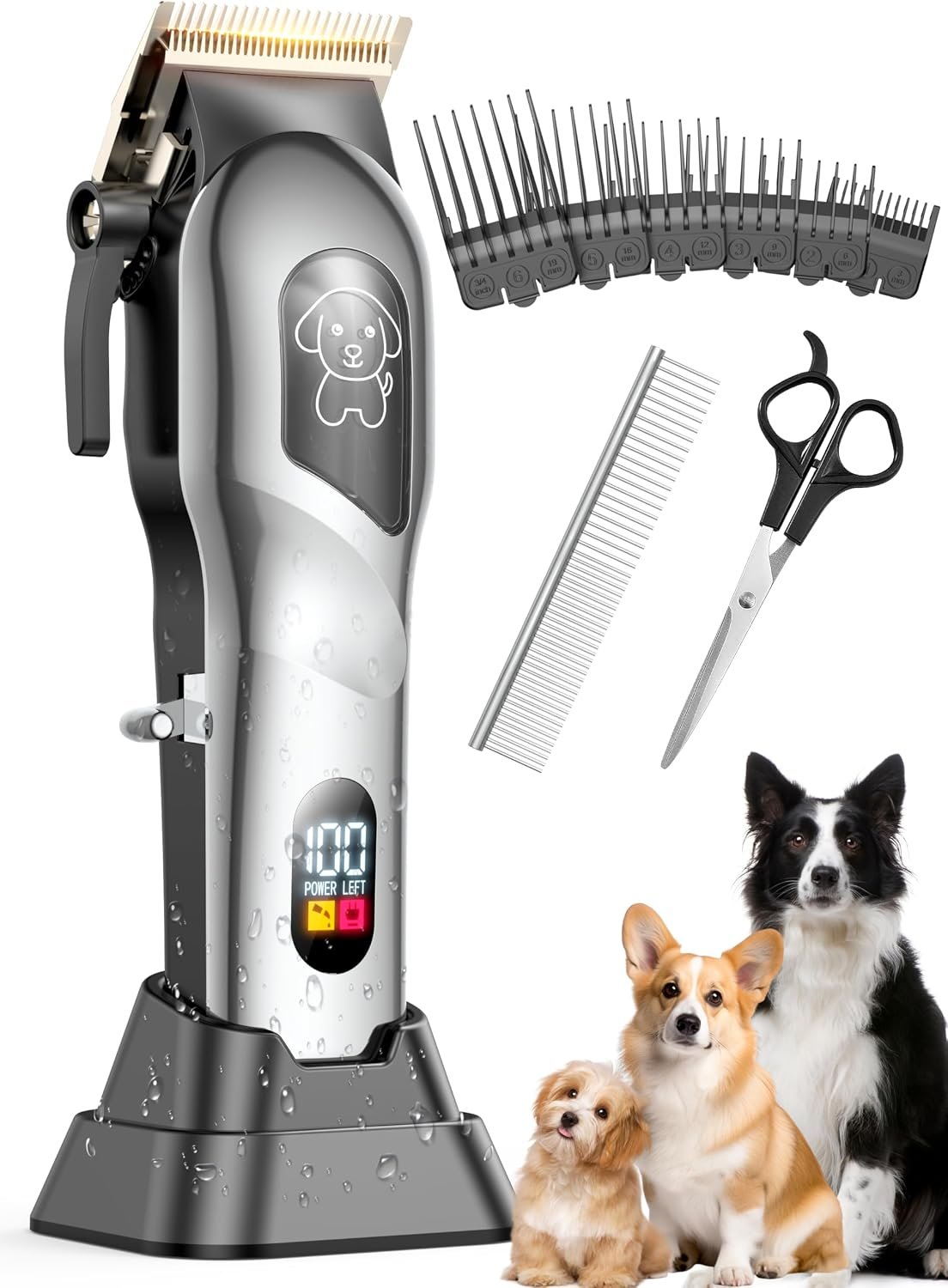 Dog Clippers for Grooming, Dog Grooming Kit for Heavy Thick Hair, Low Noise Cordless Pet Hair Trimmer with Stainless Steel Blade, Professional Rechargeable Hair Trimmer for Dogs and Cats L-Sliver