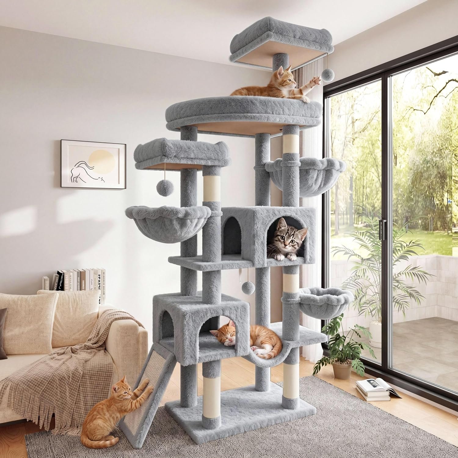 SHA CERLIN 82 inch Cat Tree Tower, Multi-Level Cat Condo with Plush Perches, Sisal Scratching Posts, Hammock and Toys, Stable Cat Tower for Kittens and Adult Cats, Grey