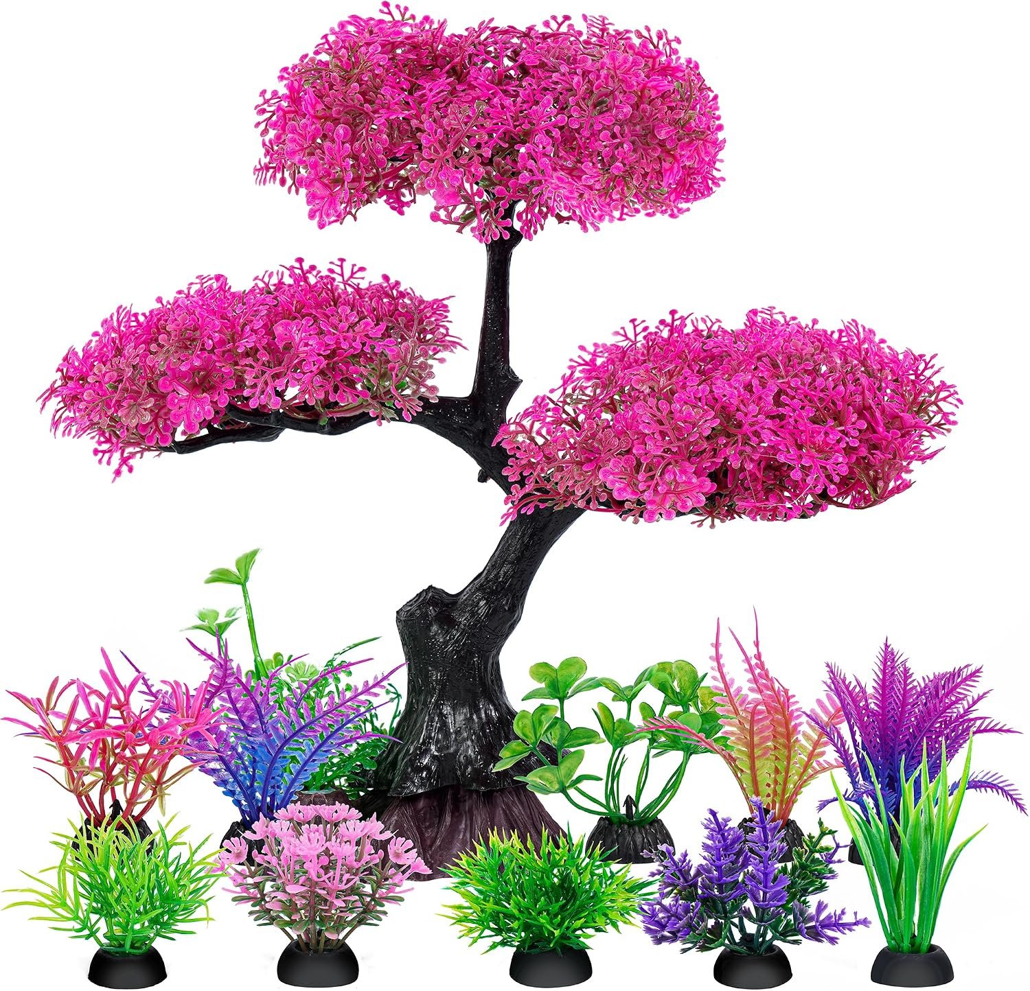 Ameliade Pink Artificial Plastic Tree Aquarium Plants Decor Set, 11PCS | Soft Cherry Blossom Tree Fish Tank Decorations, Betta Goldfish Large Tank Accessories, Big Fish Bowl Tall Ornaments
