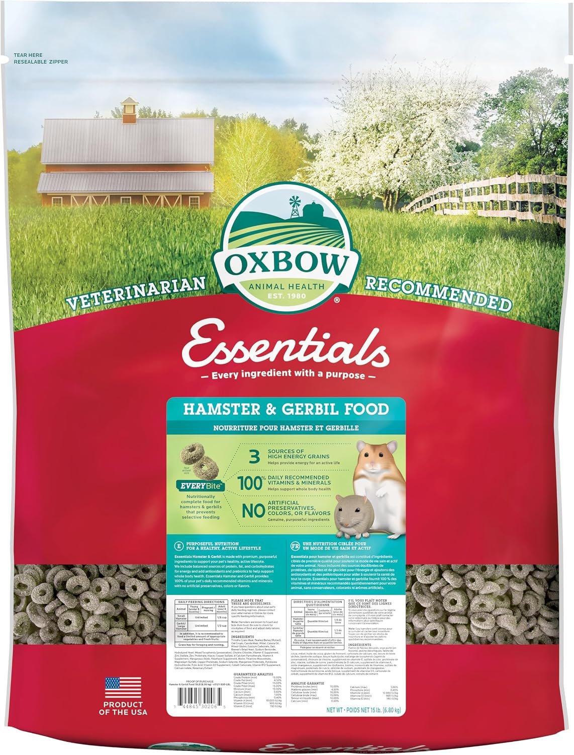 Oxbow Essentials Hamster Food & Gerbil Food, Hamster Pellets, USA, 15 lb | High-Fiber Hamster Pellets, Gerbils & Dwarf Hamsters, Vitamin & Minerals, Complete Daily Diet, Prevents Selective Feeding