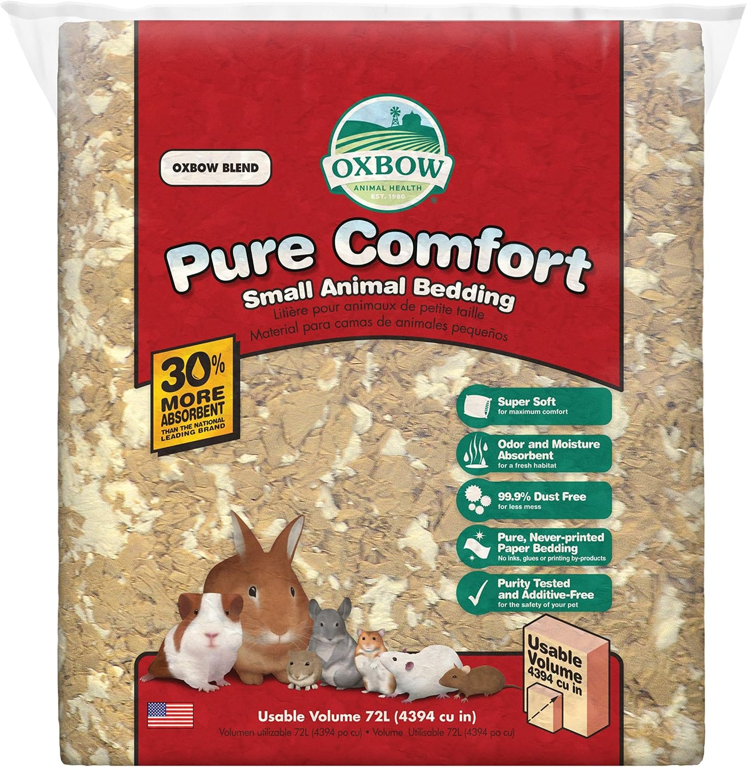 Oxbow Small Animal Bedding, Hamster, Guinea Pig, Rabbit, Blend, USA, 72 L | Pure Comfort, Hamster Bedding, Guinea Pig Bedding, Low Dust, Virgin Paper, Litter Box, Bunny, Rats, Gerbils, Chinchillas
