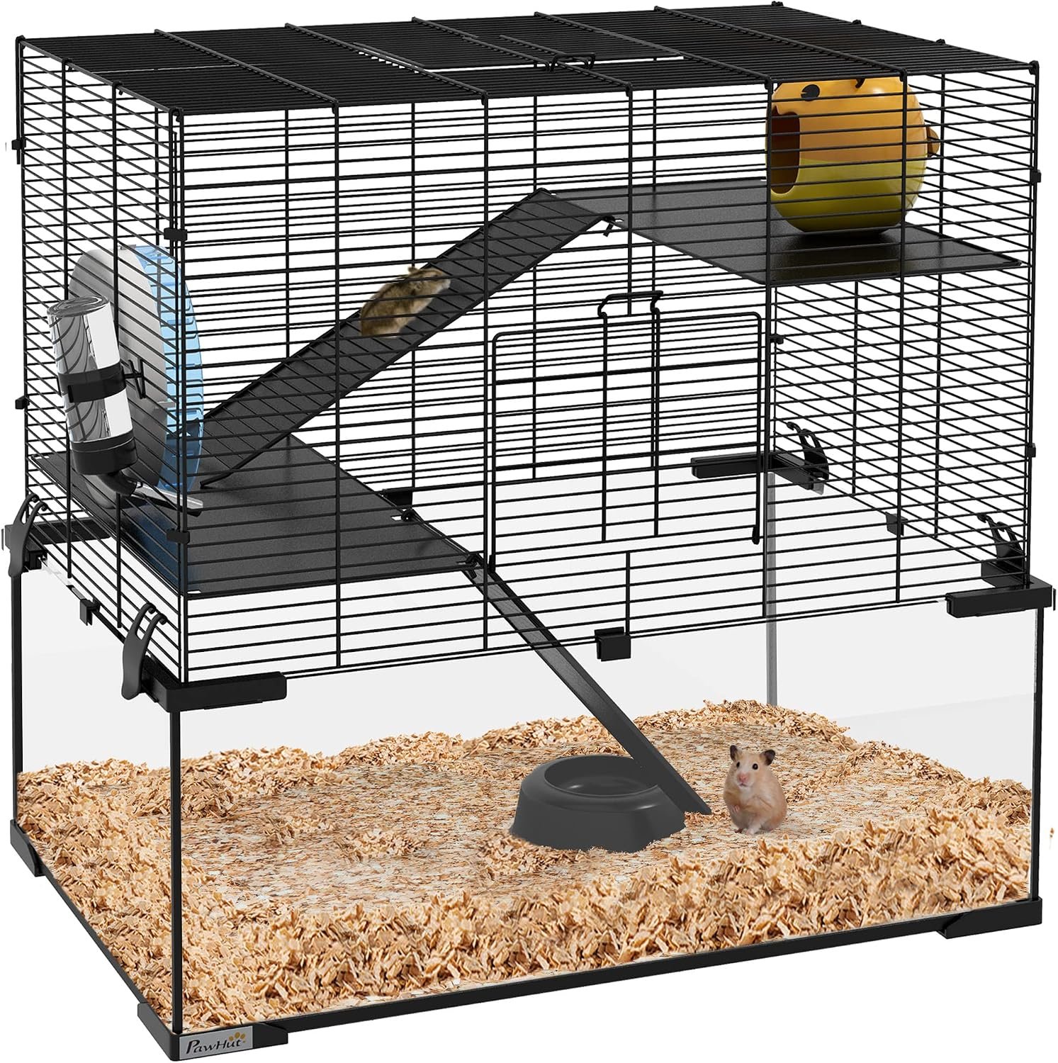 PawHut Large Hamster Cage with Deep Tempered Glass Bottom, 3 Tiers Hamster Tank with Running Wheel, Hut, Water Bottle, Dish, Rat Cage for Syrian, Dwarf, Gerbils, Mouse, 23.5″ x 16″ x 22.5″, Black | 3 Tiers Hamster Tank, Running Wheel, Hut, Water Bottle, Dish, Rat Cage for Syrian, Dwarf, Gerbils, Mouse
