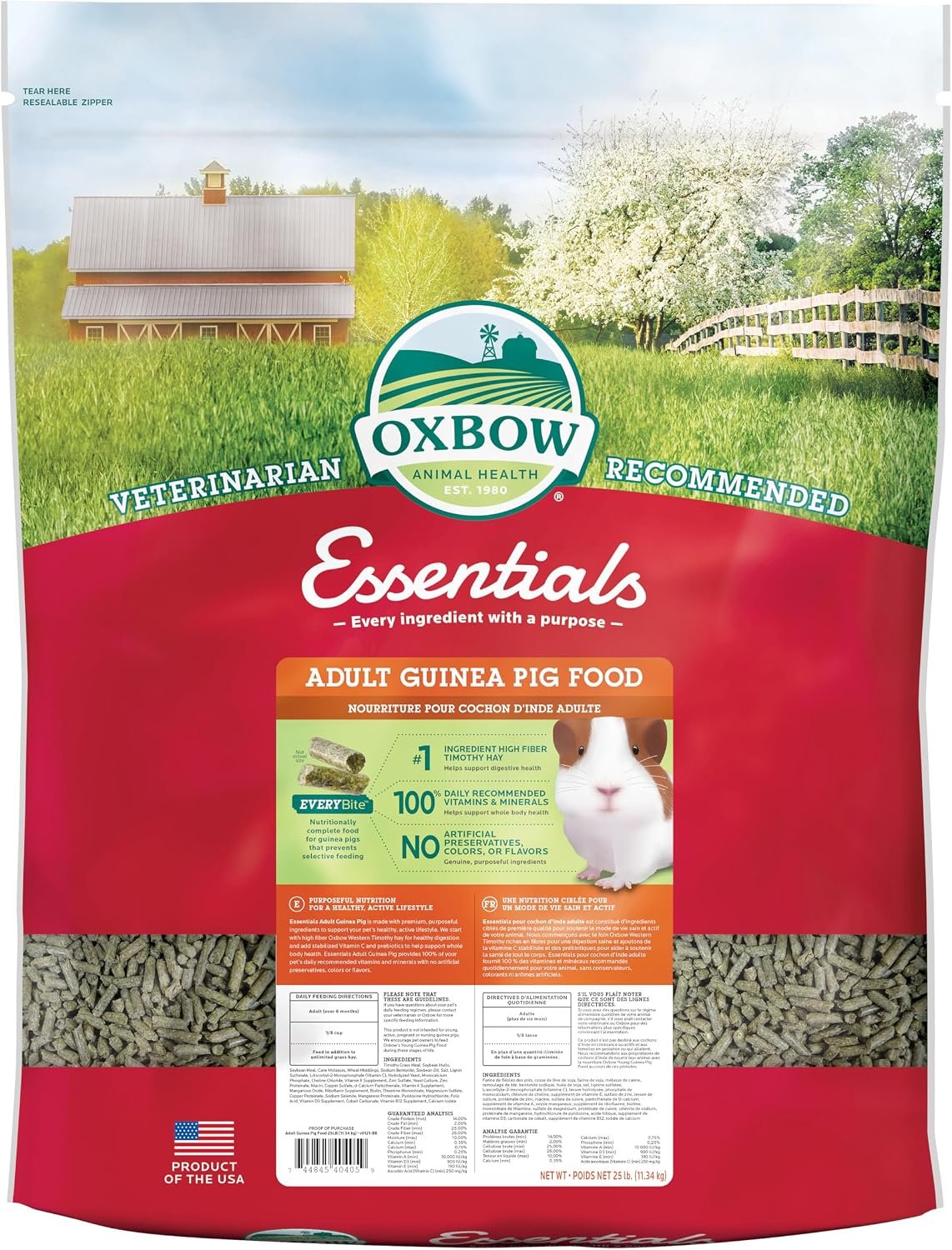 Oxbow Essentials Adult Guinea Pig Food – All Natural Adult Guinea Pig Pellets- No Artificial Ingredients- Veterinarian Recommended- All Natural Vitamins & Minerals- Made in the USA – 25 lb. | Guinea Pig Pellets, Vitamin C For Guinea Pigs, Stabilized, High Fiber, Made in USA, Uniform Food, Prevents Selective Feeding
