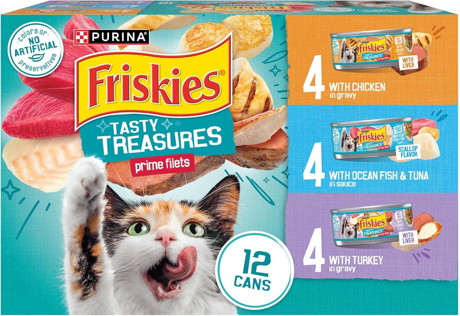 Purina Friskies Wet Cat Food Variety Pack, Tasty Treasures Prime Filets (With Ocean Fish and Tuna, With Chicken and With Turkey) – 5.5 Ounce (Pack of 12)
