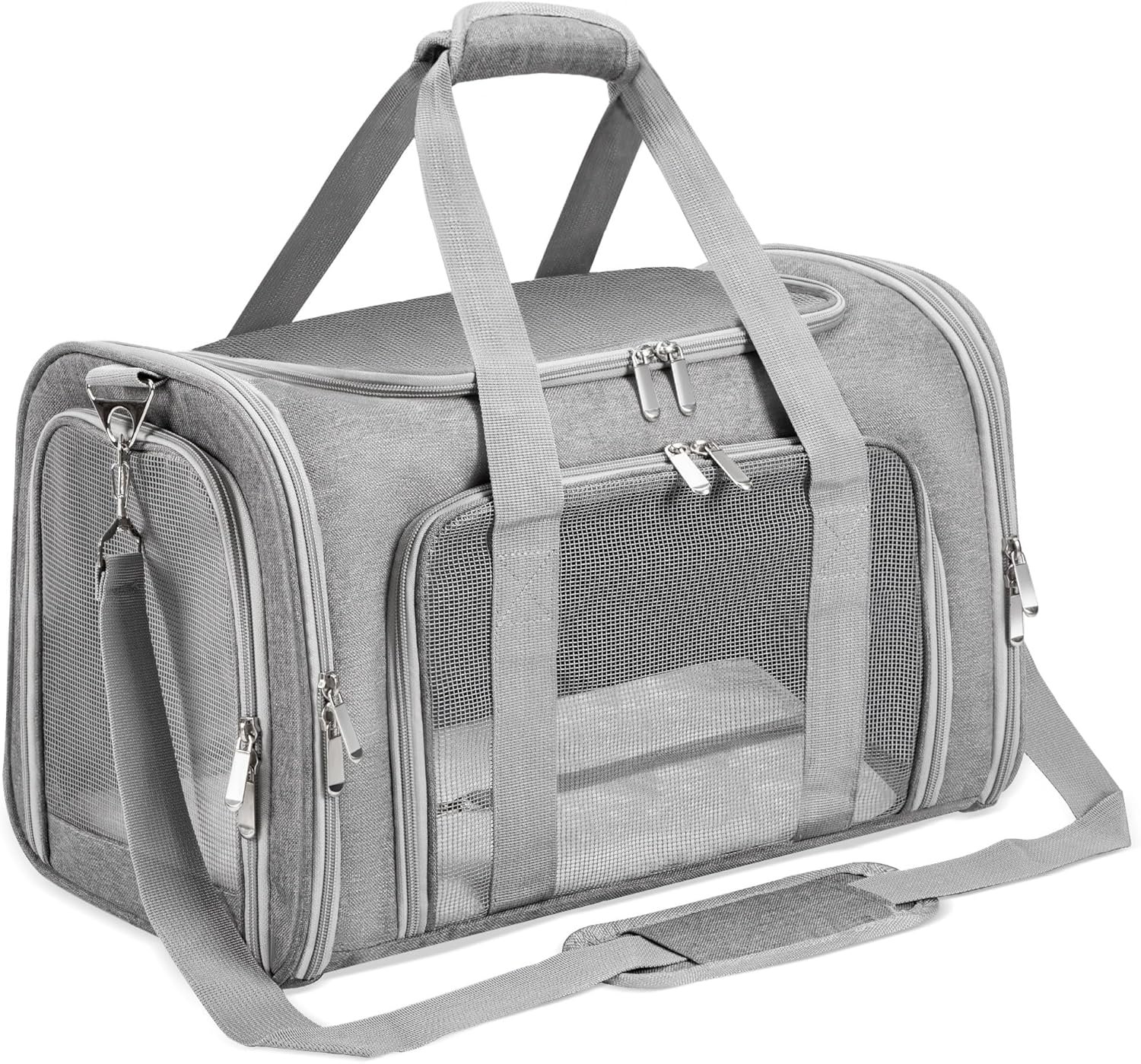 Soft-Sided Cat/Dog/Pet Carrier, Collapsible Pets Travel Carriers | for Big Cats/Small Dogs with Shoulder Strap & Removable Mat, Mesh Puppy Carry Bag, Up to 16 Lbs, TSA Airline Approved(Gray)