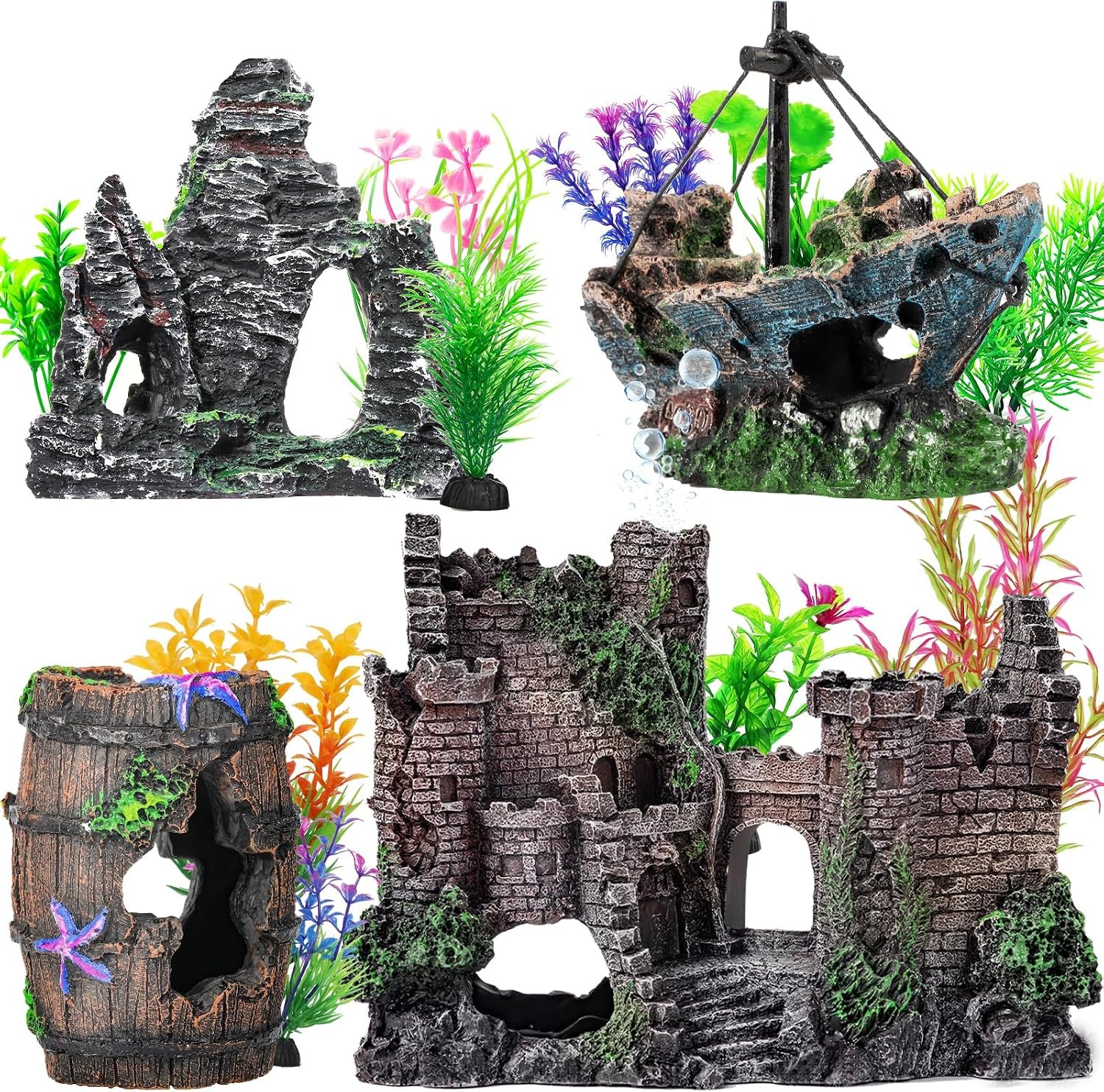 CousDUoBe 14 Pcs Aquarium Decorations Large Kit，Castle Fish Tank Bubbler Decorations，Starfish Barrel, Resin Cave Rock,Resin Material Sunken Ship,Aquarium Plants Large Fish Bowl Ornaments