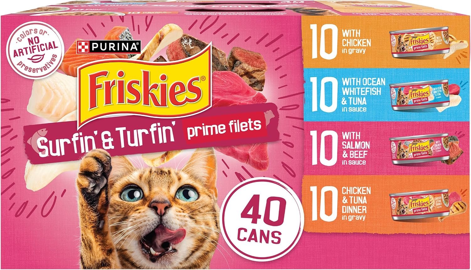 Purina Friskies Prime Filets Cat Food Variety Pack, 40 Pack 5.5 oz Cans | Surfin’ and Turfin’ wet cat food favorites in a savory gravy, made with real meat, poultry and seafood