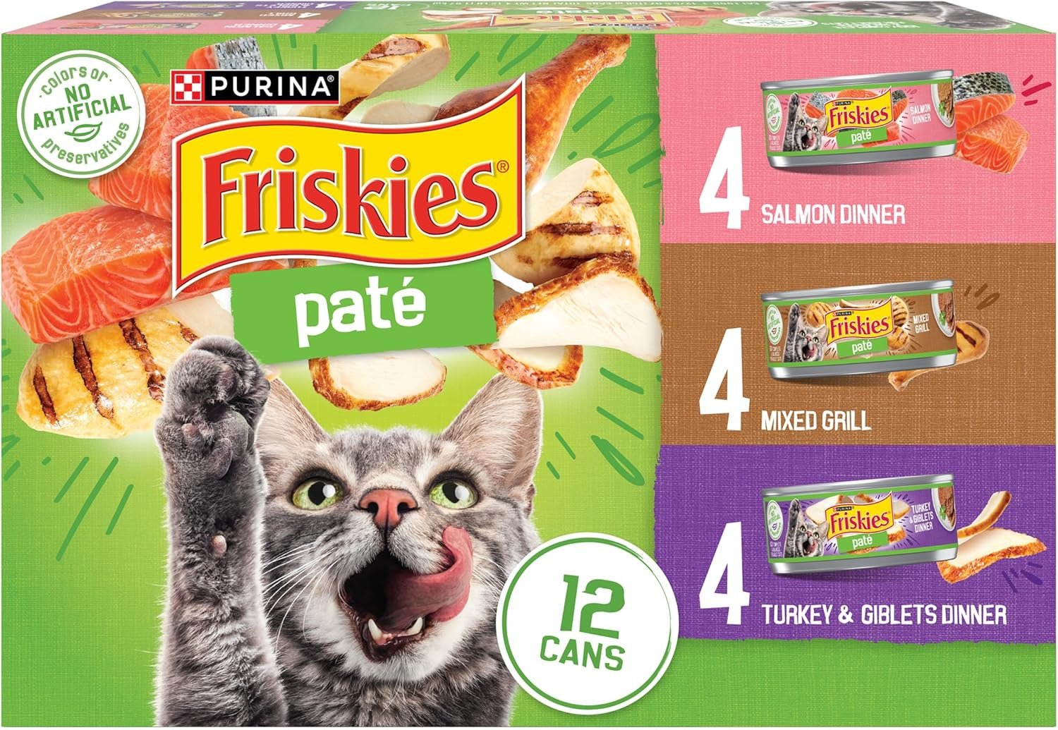 Purina Friskies Wet Cat Food Pate Variety Pack Salmon Dinner, Turkey and Giblets Dinner and Mixed Grill – (2 Packs of 12) 5.5 oz. Cans